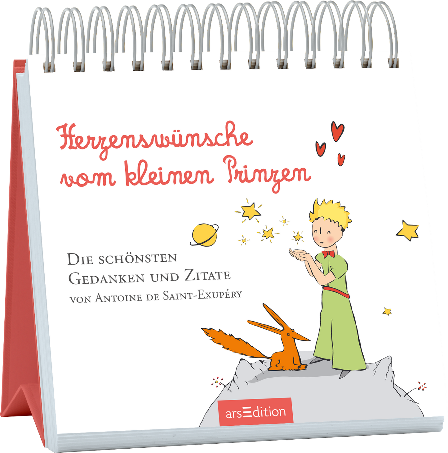 Das Buchcover zeigt einen spiralgebundenen Block in sanften Farben. Im Vordergrund sind der kleine Prinz mit blonden Haaren und ein roter Fuchs abgebildet, umgeben von Sternen und Planeten. Der Titel „Herzenswünsche vom kleinen Prinzen“ ist in verspielter roter Schrift oben links platziert. Darunter stehen die Worte „Die schönsten Gedanken und Zitate“ in einer schlichteren Schrift. Ganz unten mittig steht der Logoschriftzug von arsEdition.