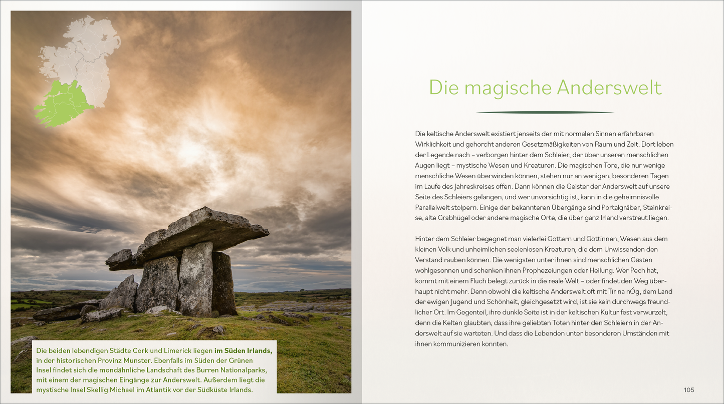 Gezeigt wird eine Innenansicht von „Éire“. Auf der linken Seite ist ein beeindruckendes Foto eines Steinhügels unter einem dramatischen Himmel zu sehen, in sanften Erdtönen gehalten, mit grauen und grünen Tönen. Rechts befindet sich der Text „Die magische Anderswelt“ in einer eleganten, modernen Schriftart in hellgrün, die gut lesbar ist. Die Hintergrundfarbe ist weich und hell, was den Text hervorhebt und eine harmonische Gesamtwirkung erzeugt.