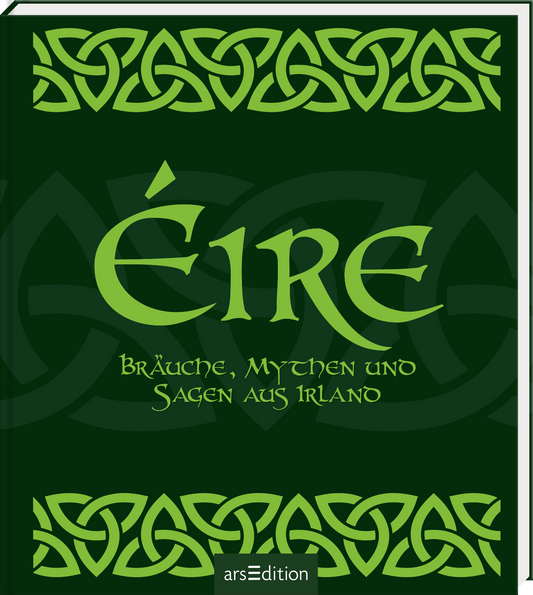 Das Buchcover ist in einem tiefen, satten Grünton gehalten und vermittelt eine mystische Atmosphäre. Oben wiederholt sich ein keltisches Muster in hellgrün. In der Mitte steht der Titel „Éire“ in großer, geschwungener Schrift, darunter der Untertitel „Bräuche, Mythen und Sagen aus Irland“ in einer schlankeren typografischen Ausführung. Der gesamte Schriftzug ist in einem hellen Grünton gehalten, was einen schönen Kontrast zum dunklen Hintergrund bildet. Ganz unten mittig steht...