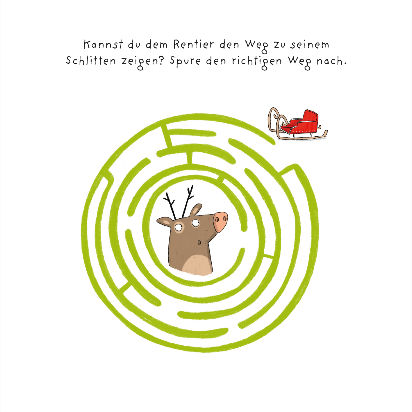 Gezeigt wird eine Innen- oder Zusatzansicht von „Mein dicker Rätselblock Weihnachten“. Die Illustration zeigt ein buntes Labyrinth in lebhaftem Grün. In der Mitte befindet sich ein niedliches Rentier mit einem freundlichen Gesicht und großen Ohren. Am oberen Rand ist ein roter Schlitten abgebildet. Oben steht die Frage: „Kannst du dem Rentier den Weg zu seinem Schlitten zeigen? Spüre den richtigen Weg nach.“ Die Schrift ist klar und verspielt gestaltet.