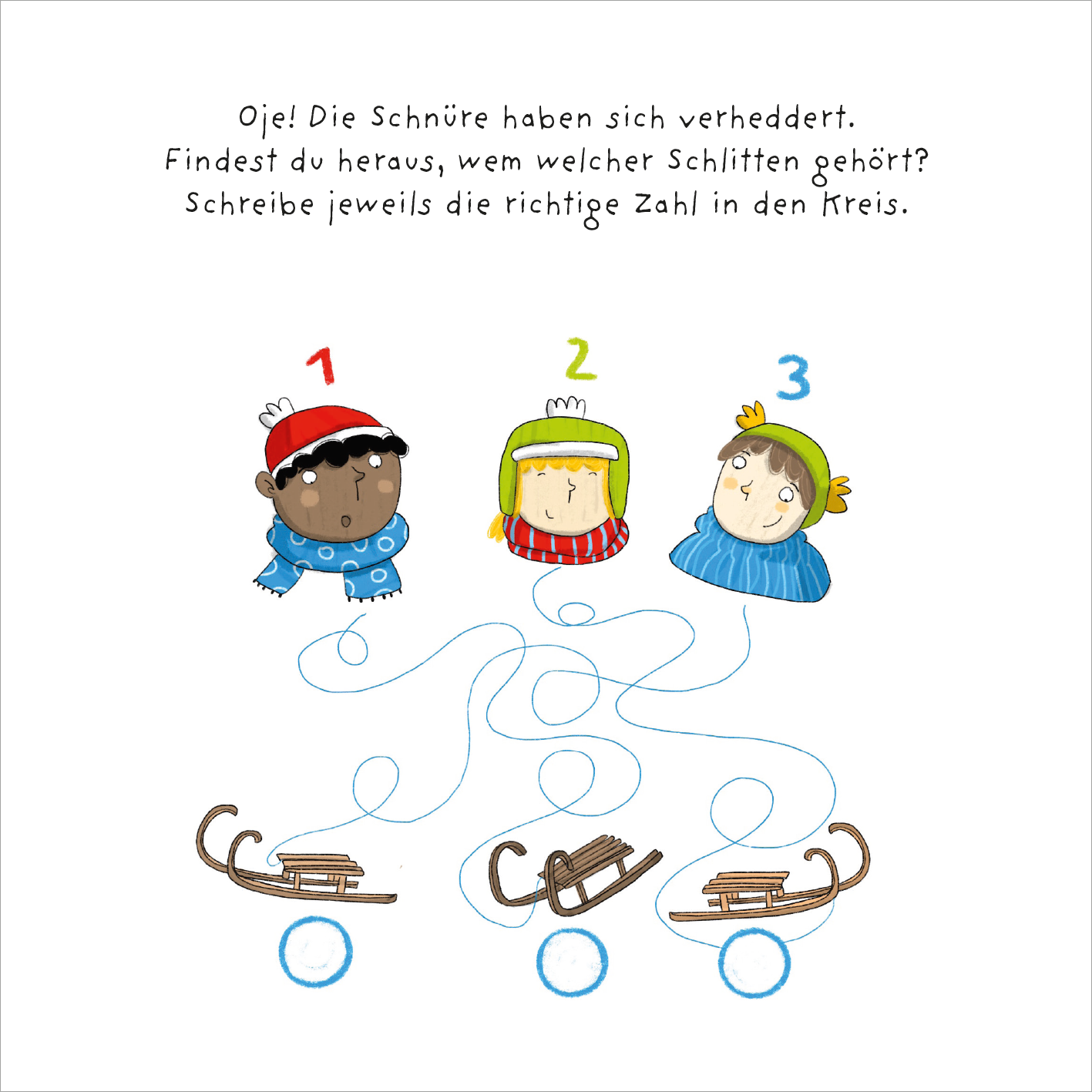 Gezeigt wird eine Innen- oder Zusatzansicht von „Mein dicker Rätselblock Weihnachten“. Die Illustration präsentiert drei Kinder in winterlicher Kleidung, die jeweils eine Nummer tragen. Über ihnen steht ein freundlicher, handgeschriebener Text in großer, klarer Schrift. Die Kinder sind in verschiedenen Farben gekleidet: Blau, Grün und Rot. Unten sind durch gekrümmte Linien drei Schlitten dargestellt, die mit jeweils einem leeren Kreis markiert sind. Die gesamte Farbgebung ist lebhaft...