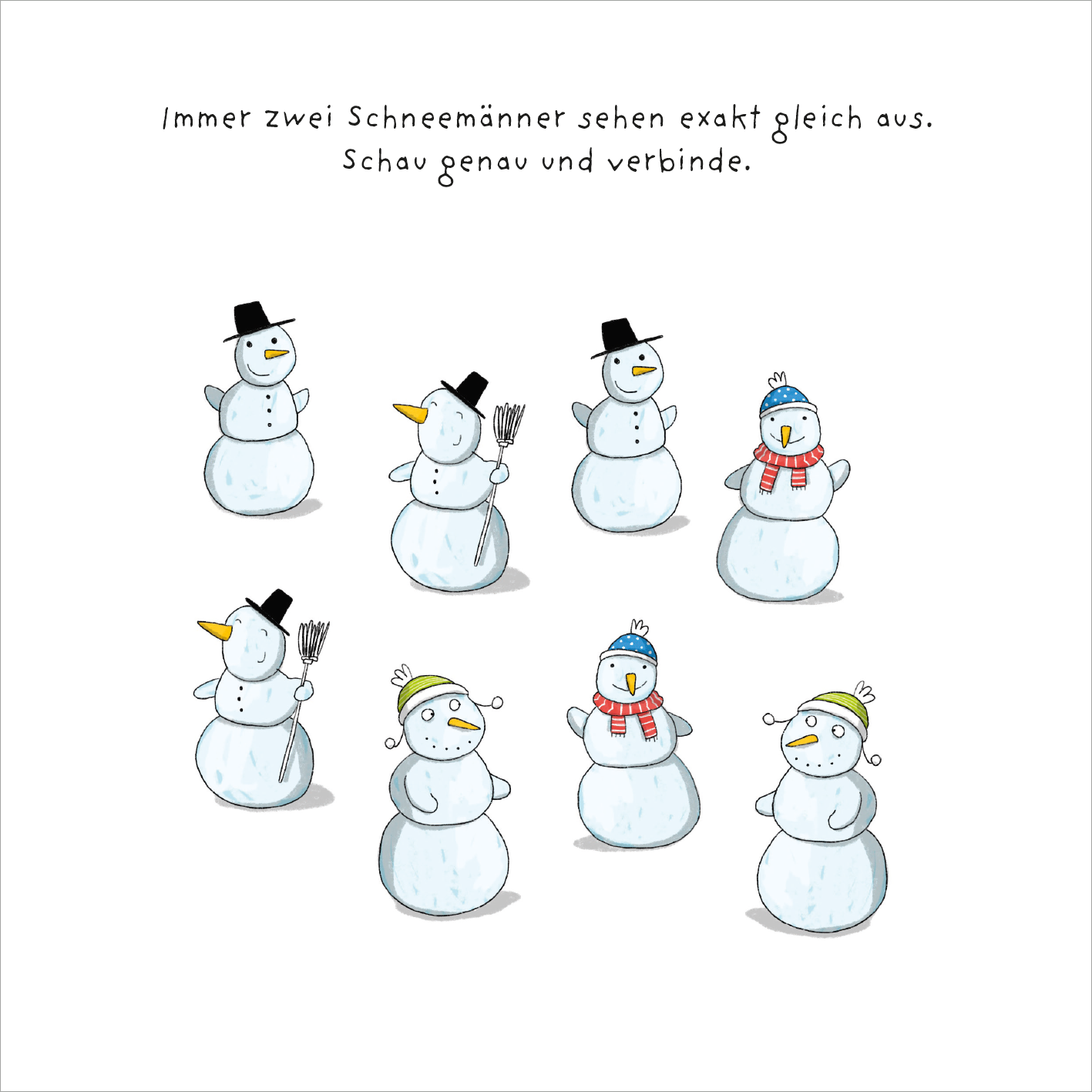 Gezeigt wird eine Innen- oder Zusatzansicht von „Mein dicker Rätselblock Weihnachten“. Die Seite zeigt mehrere gezeichnete Schneemänner in unterschiedlichen Posen und mit unterschiedlichen Accessoires, darunter Hüte und Schals. Die Schneemänner sind überwiegend in Weiß gehalten, ergänzt durch bunte Details in Blau, Rot und Gelb. Oberhalb der Abbildung steht der Text: „Immer zwei Schneemänner sehen exakt gleich aus. Schau genau und verbinde.“ Die typografische Gestaltung ist klar...