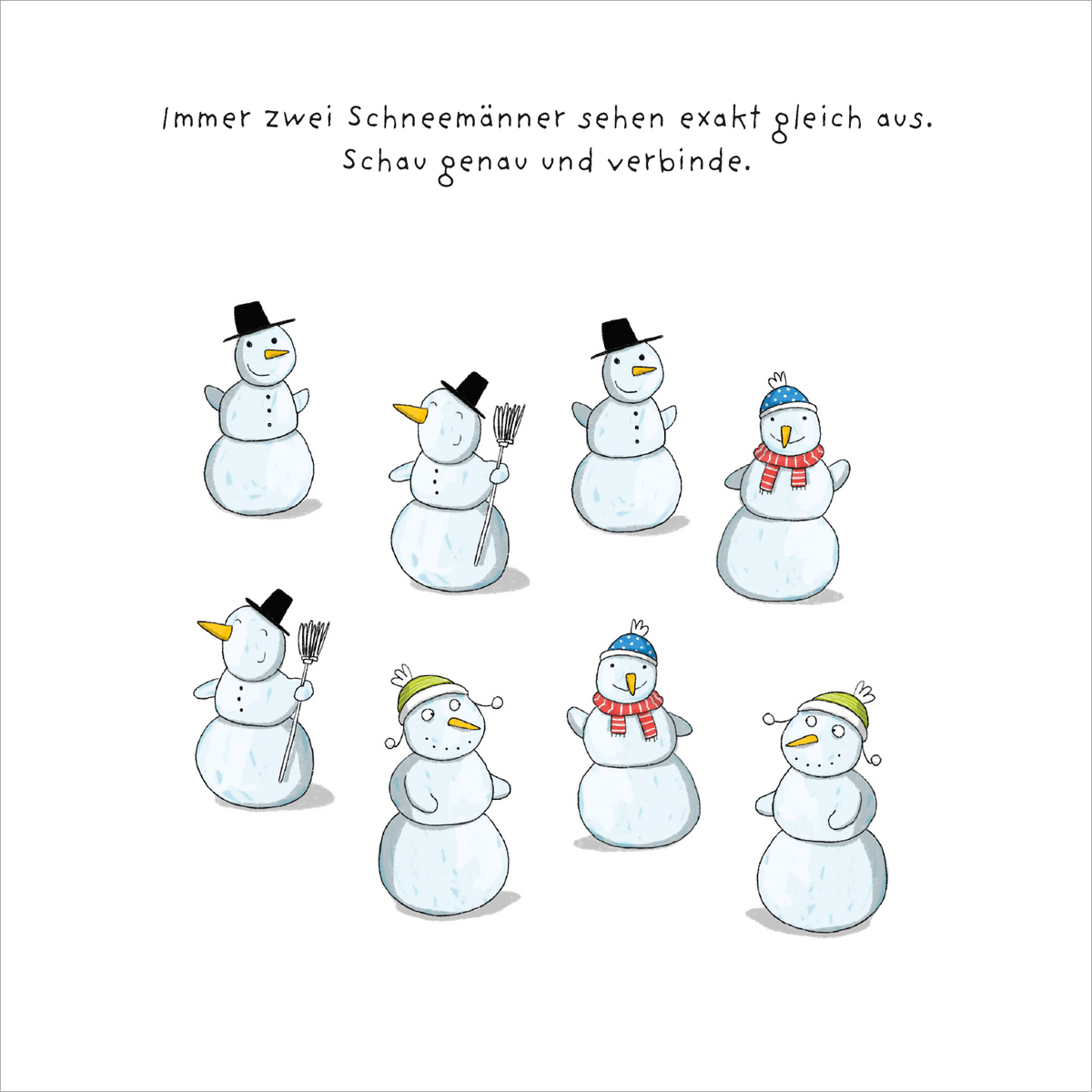 Gezeigt wird eine Innen- oder Zusatzansicht von „Mein dicker Rätselblock Weihnachten“. Die Seite zeigt mehrere gezeichnete Schneemänner in unterschiedlichen Posen und mit unterschiedlichen Accessoires, darunter Hüte und Schals. Die Schneemänner sind überwiegend in Weiß gehalten, ergänzt durch bunte Details in Blau, Rot und Gelb. Oberhalb der Abbildung steht der Text: „Immer zwei Schneemänner sehen exakt gleich aus. Schau genau und verbinde.“ Die typografische Gestaltung ist klar...