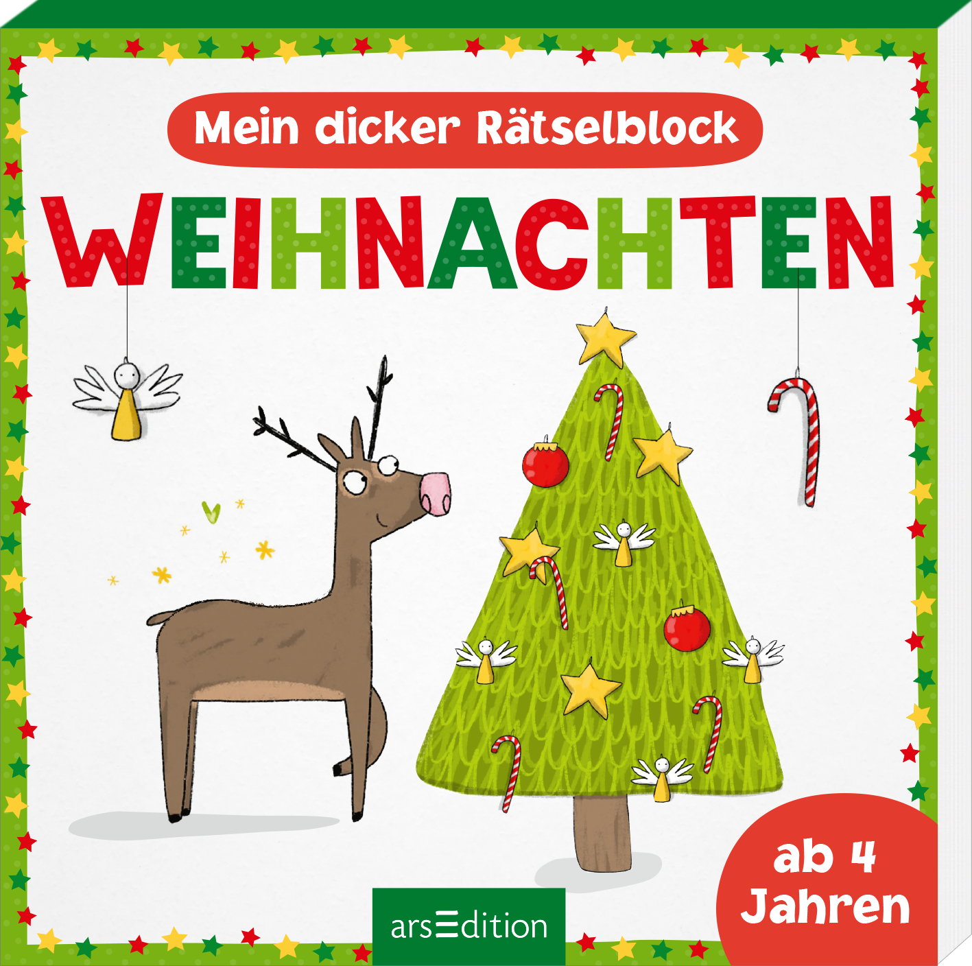 Das Buchcover zeigt einen fröhlichen, cartoonhaften Weihnachtsmann mit einem braunen Rentier und einem bunt geschmückten Weihnachtsbaum. Der Baum ist grün und mit roten und goldenen Kugeln sowie Zuckerstangen dekoriert. Über dem Bild prangt in großen, bunten Buchstaben der Titel „Mein dicker Rätselblock WEIHNACHTEN“. Oben auf dem Cover befindet sich eine rote Banner mit dem Text „ab 4 Jahren“ und ein SPIEGEL-Bestseller-Button. Ganz unten mittig steht der Logoschriftzug von...