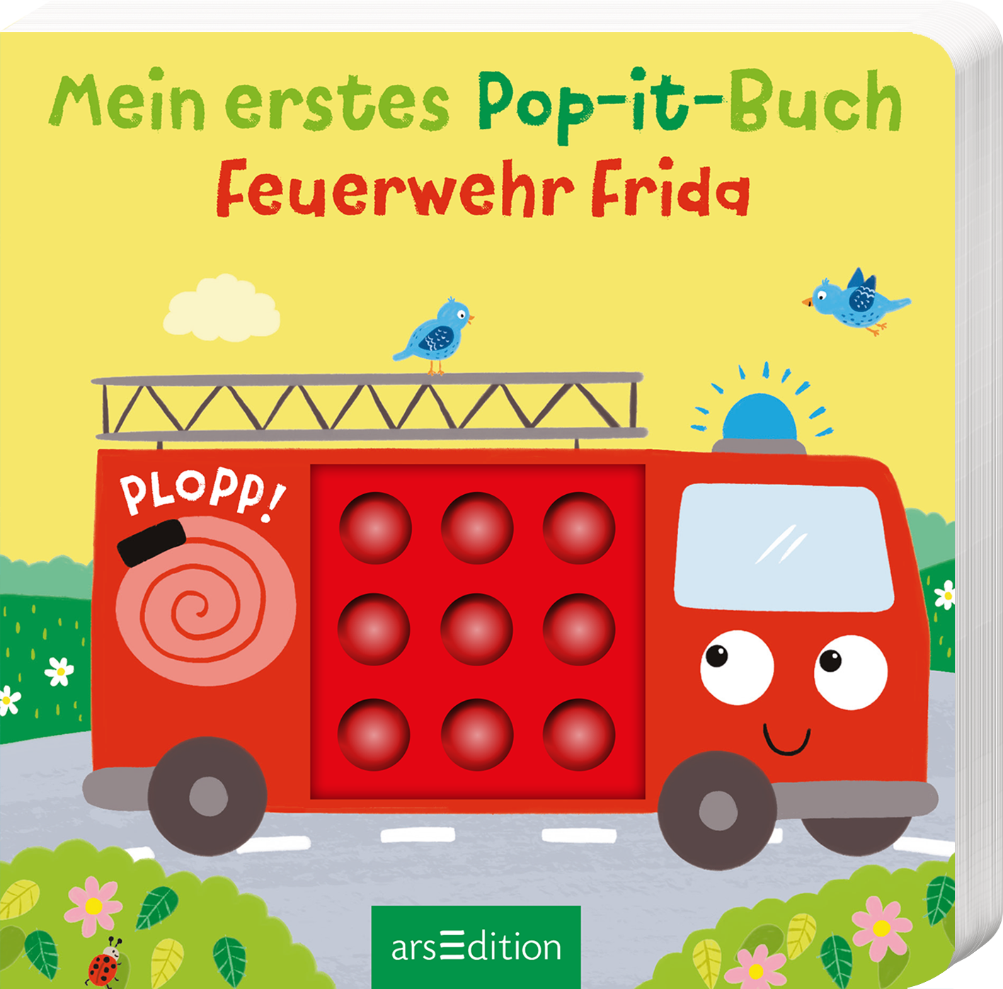 Das Buchcover zeigt ein farbenfrohes Kinderbuch mit dem Titel „Mein erstes Pop-it-Buch: Feuerwehr Frida“. Im Vordergrund ist ein fröhliches, rotes Feuerwehrauto abgebildet, versehen mit einem großen, lächelnden Gesicht. Über dem Fahrzeug leuchtet ein gelbes Sonnenlicht, während zwei kleine Vögel in der oberen Bildhälfte umherfliegen. Die Schriftzüge sind in verschiedenen Farben gehalten, wobei der Titel in spielerischer Typografie gestaltet ist. Ein „SPIEGEL-Bestseller“-Button...
