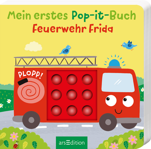 Das Buchcover zeigt ein farbenfrohes Kinderbuch mit dem Titel „Mein erstes Pop-it-Buch: Feuerwehr Frida“. Im Vordergrund ist ein fröhliches, rotes Feuerwehrauto abgebildet, versehen mit einem großen, lächelnden Gesicht. Über dem Fahrzeug leuchtet ein gelbes Sonnenlicht, während zwei kleine Vögel in der oberen Bildhälfte umherfliegen. Die Schriftzüge sind in verschiedenen Farben gehalten, wobei der Titel in spielerischer Typografie gestaltet ist. Ein „SPIEGEL-Bestseller“-Button...
