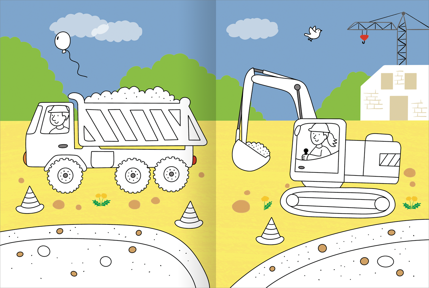 Gezeigt wird eine Innen- oder Zusatzansicht von „Mein großes buntes Malbuch – Baustelle“. Die Illustration zeigt einen großen gelben Sandboden mit einem Lkw und einem Bagger, die fröhliche Figuren transportieren. Im Hintergrund sind grüne Bäume und Wolken zu sehen. Die gesamte Farbgestaltung ist hell und einladend. Die Typografie ist klar und einfach, sodass die Bilder leicht verständlich und ansprechend für Kinder sind.