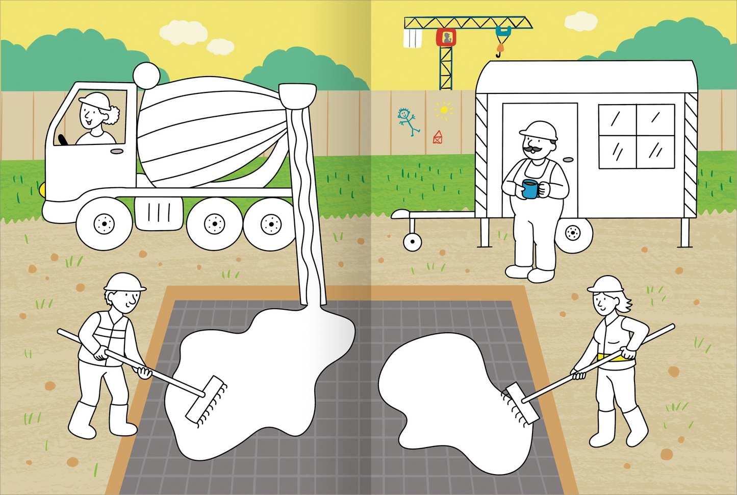 Gezeigt wird eine Innen- oder Zusatzansicht von „Mein großes buntes Malbuch – Baustelle“. Die Seite zeigt eine Baustelle mit einem Betonmischer, der frischen Zement ausgießt. Drei Bauarbeiter, jeweils in Überalls und Helmen, arbeiten am Boden, während im Hintergrund ein Bauwagen und ein Kran zu sehen sind. Die Farben sind hauptsächlich hellgelb, grün und blau, mit klaren, freundlichen Konturen. Die typografische Gestaltung ist spielerisch und kindgerecht.