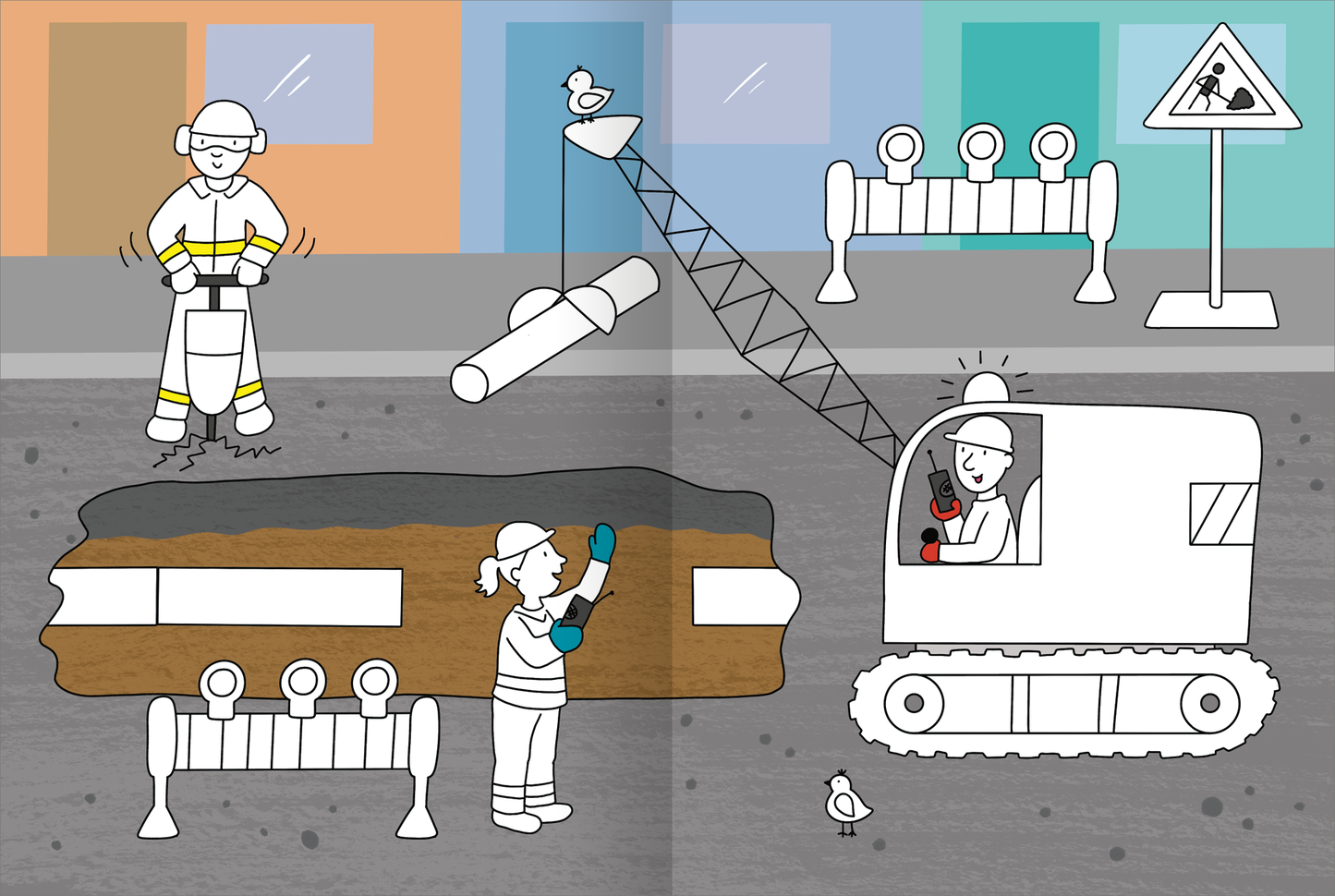 Gezeigt wird eine Innen- oder Zusatzansicht von „Mein großes buntes Malbuch – Baustelle“. Die Illustration zeigt eine Baustelle mit verschiedenen Figuren in Arbeitskleidung. Ein Arbeiter mit einem Presslufthammer und ein weiterer im Bagger sind aktiv. Der Hintergrund ist in sanften Farben gehalten, mit orangenen und blauen Fenstern und einer Baustellenabsperrung in Weiß und Gelb. Die Typografie ist einfach und klar, sodass die Elemente gut verständlich sind.