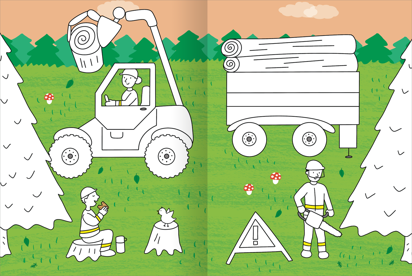 Gezeigt wird eine Innen- oder Zusatzansicht von „Mein großes buntes Malbuch – Baustelle“. Die Illustration zeigt eine lebhafte Baustellenszene mit einem gelben Bagger, der Holzstämme auf einen Wagen lädt. Im Vordergrund sitzen zwei Figuren, eine davon mit Getränk, während eine andere mit einer Schaufel arbeitet. Die Naturkulisse ist in verschiedenen Grüntönen gehalten, ergänzt durch rote Fliegenpilze und einen orangefarbenen Himmel. Die klare, einfache Linienführung der Figuren...