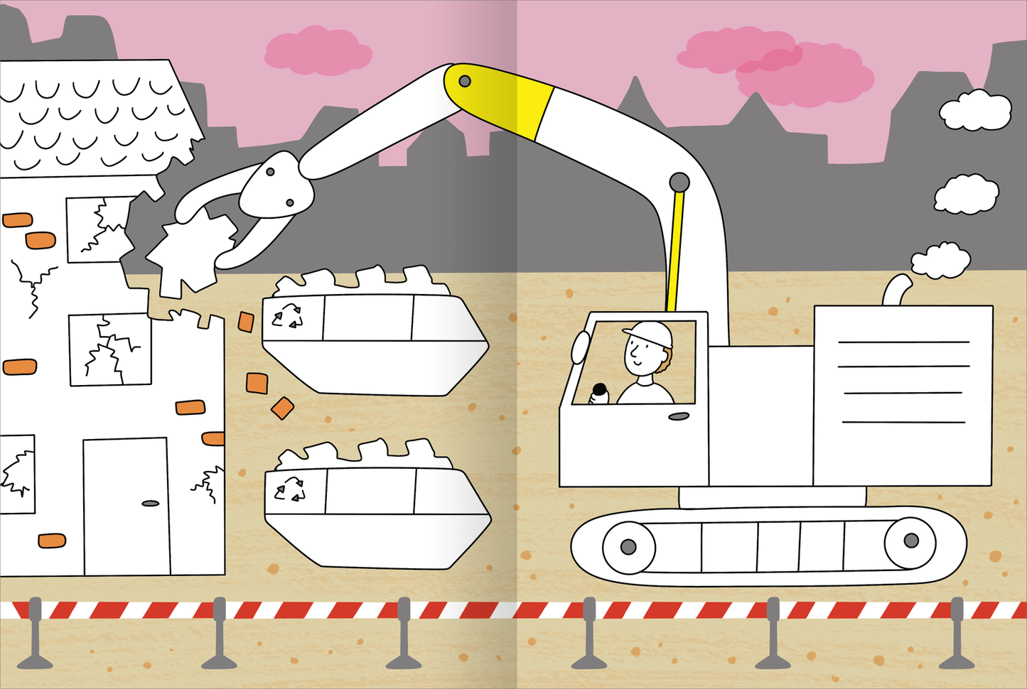 Gezeigt wird eine Innen- oder Zusatzansicht von „Mein großes buntes Malbuch – Baustelle“. Die Illustration zeigt eine Baustelle mit einem gelben Bagger, der Bauarbeiten durchführt. Im Vordergrund sind orangefarbene Steine und ein beschädigtes Haus dargestellt. Der Hintergrund ist in sanften Rosa- und Grautönen gehalten, während der Bagger und die Figur klare, schwarz-weiße Konturen aufweisen. Die einfache, verspielte Typografie unterstreicht die kindgerechte Gestaltung.