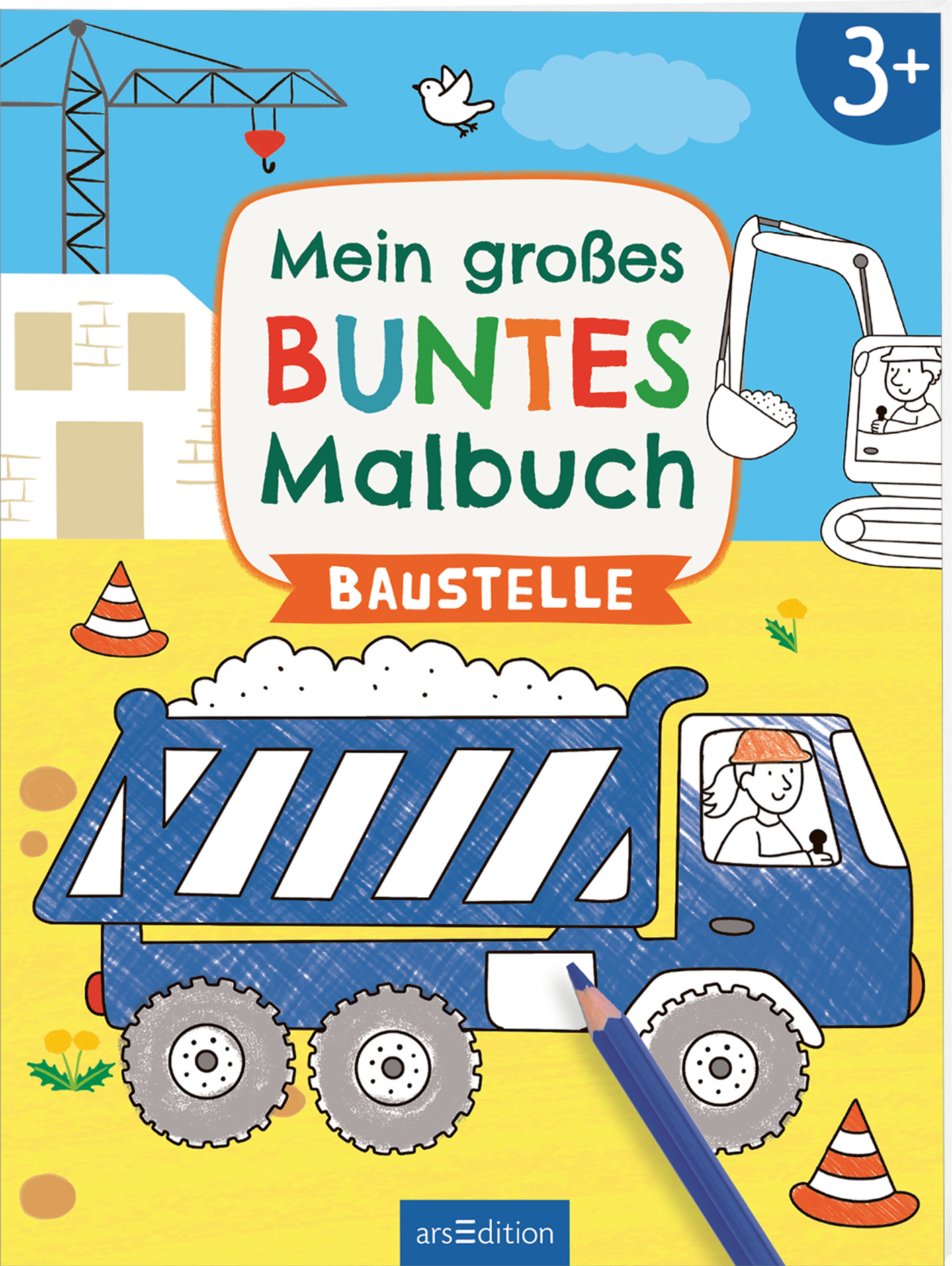 Das Cover zeigt einen bunten, kindgerechten Designstil. Im oberen Bereich steht „Mein großes BUNTES Malbuch“ in verschiedenen Farben und einer spielerischen Schriftart, darunter das Wort „BAUSTELLE“ auf einem roten Banner. Ein Lkw mit einer großen Ladefläche, gefüllt mit weißen „Baumaterialien“, ist im Vordergrund abgebildet, während im Hintergrund Kran und Bagger zu sehen sind. Der untere Teil des Covers ist in einem warmen Gelbton gehalten. Ganz unten mittig steht der...