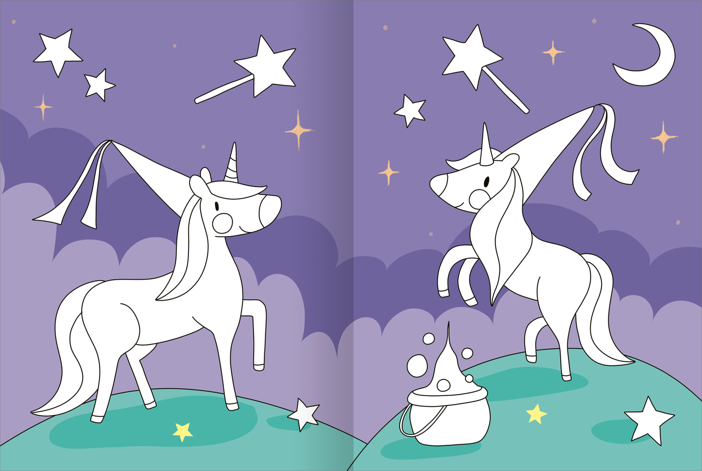 Gezeigt wird eine Innen- oder Zusatzansicht von „Mein großes buntes Malbuch – Einhörner“. Auf der Seite sind zwei majestätische Einhörner vor einem lila-himmeligen Hintergrund abgebildet. Die Einhörner stehen auf sanften, grünen Hügeln, umgeben von funkelnden Sternen und einem Halbmond. Beide Einhörner haben lange, fließende Mähnen und tragen zauberhafte Hüte. Die Illustration ist in schwarz-weiß gehalten und lädt zum Ausmalen ein.