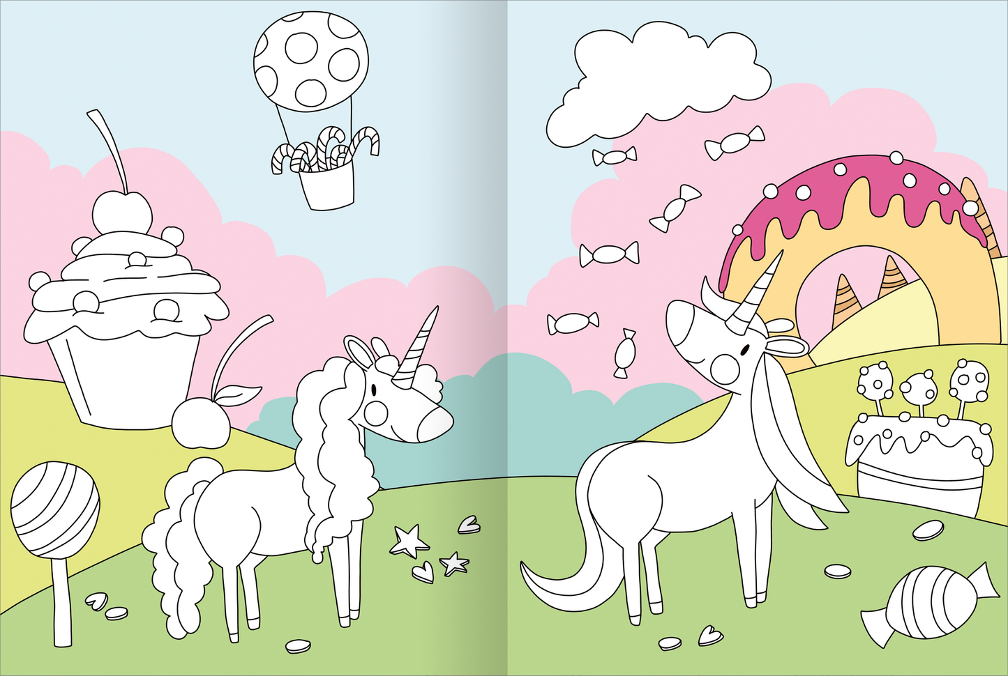 Gezeigt wird eine Innen- oder Zusatzansicht von „Mein großes buntes Malbuch – Einhörner“. Die Illustration zeigt zwei Einhörner auf einer bunten Wiese mit Wolken im Hintergrund. Das linke Einhorn hat lockiges, weißes Fell und steht neben einem großen, gefüllten Cupcake. Das rechte Einhorn hat ein glattes, weißes Fell und lächelt. Im Hintergrund sind ein Regenbogen, bunte Süßigkeiten und ein Luftballon abgebildet. Die Darstellung ist in klaren, kräftigen Umrissen gehalten und...