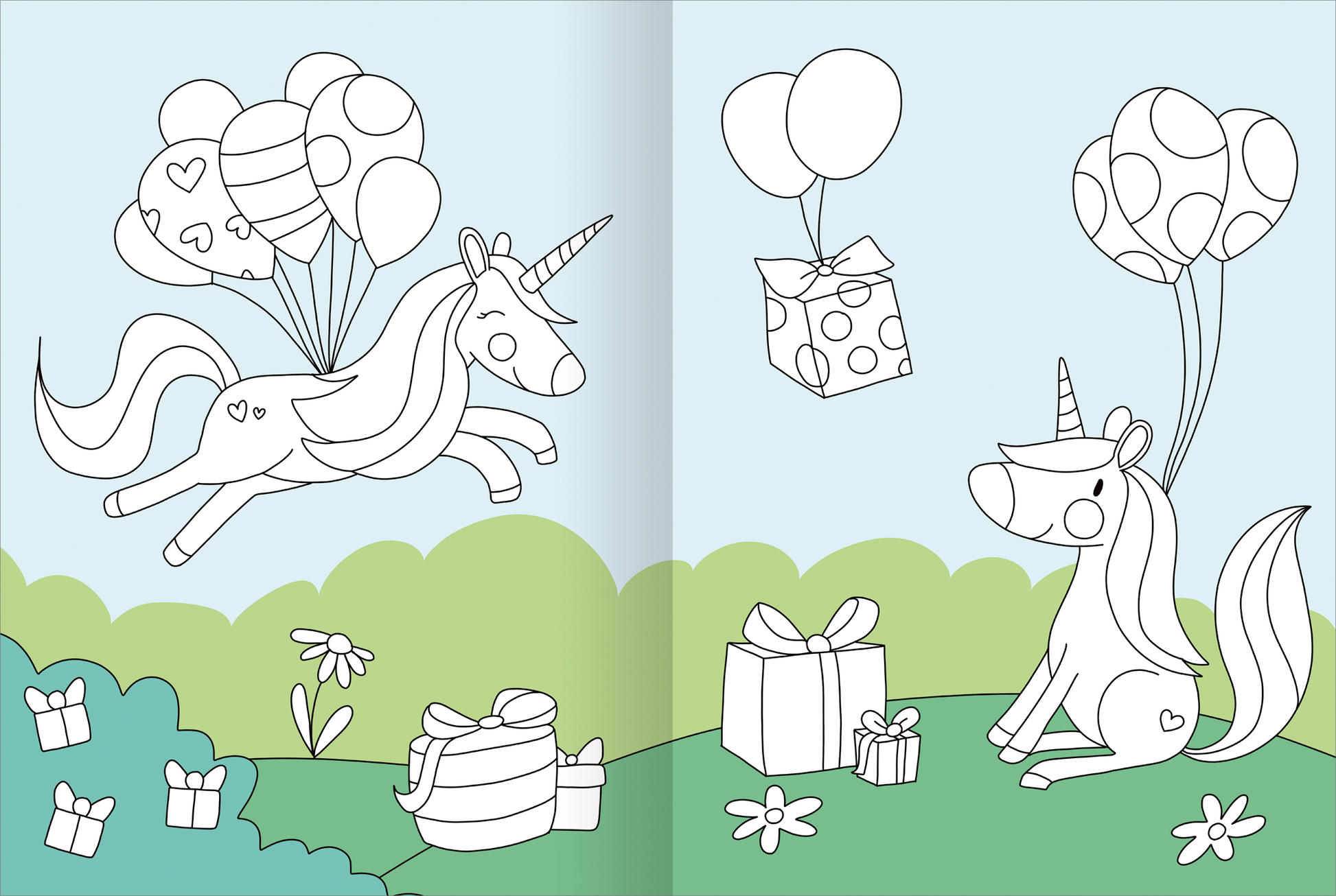 Gezeigt wird eine Innen- oder Zusatzansicht von „Mein großes buntes Malbuch – Einhörner“. Die Illustration zeigt zwei Einhörner in einer fröhlichen Landschaft. Ein Einhorn schwebt mit bunten, herzförmigen Luftballons, während das andere auf einer Wiese mit Geschenken und Blumen sitzt. Die Farben sind hell und einladend, die Linien sind klar und einfach, ideal zum Ausmalen. Die Schrift ist verspielt und rundlich, passend zum Thema.