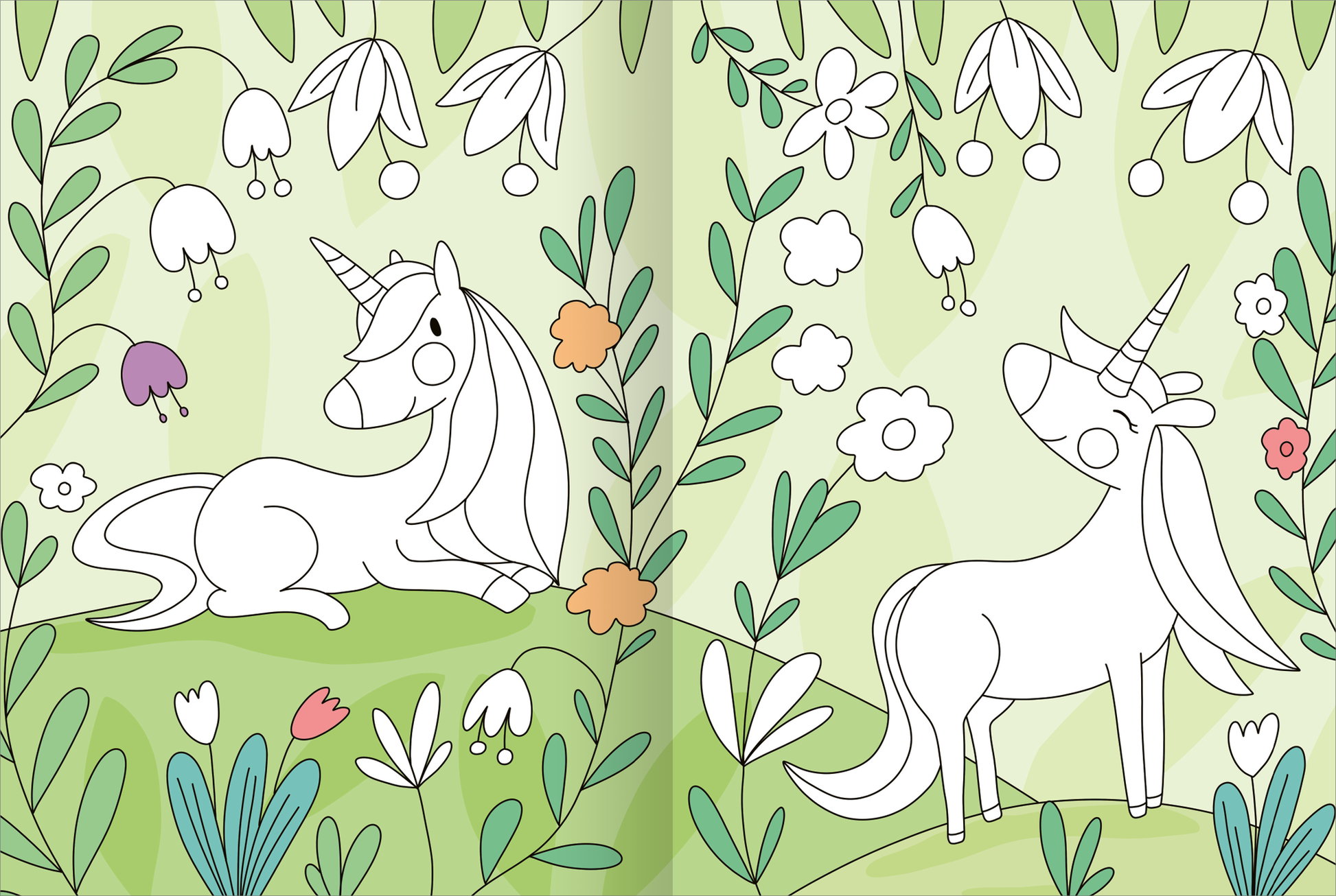 Gezeigt wird eine Innen- oder Zusatzansicht von „Mein großes buntes Malbuch – Einhörner“. Die Illustration zeigt zwei liebevoll gestaltete Einhörner in einem blühenden Landschaftssetting. Das erste Einhorn liegt entspannt auf einer grünen Wiese, während das zweite aufrecht steht. Die sanfte Farbpalette umfasst helle Grüntöne, Weiß und zarte Pastellfarben bei den Blumen. Die Formen sind klar und einfach, unterstützt von einer kinderfreundlichen, verspielten Typografie.