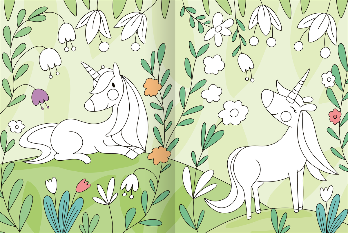 Gezeigt wird eine Innen- oder Zusatzansicht von „Mein großes buntes Malbuch – Einhörner“. Die Illustration zeigt zwei liebevoll gestaltete Einhörner in einem blühenden Landschaftssetting. Das erste Einhorn liegt entspannt auf einer grünen Wiese, während das zweite aufrecht steht. Die sanfte Farbpalette umfasst helle Grüntöne, Weiß und zarte Pastellfarben bei den Blumen. Die Formen sind klar und einfach, unterstützt von einer kinderfreundlichen, verspielten Typografie.