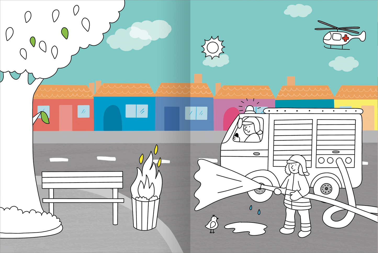 Gezeigt wird eine Innen- oder Zusatzansicht von „Mein großes buntes Malbuch – Im Einsatz“. Die Illustration zeigt eine Feuerwehrfrau, die einen Brand in einem Papierkorb löscht, während ein Feuerwehrauto daneben steht. Im Hintergrund sind farbenfrohe Häuser mit Fenstern in Blau, Rot und Gelb zu sehen. Ein Baum mit grünen Blättern und ein Himmel mit Wolken und einer Sonne runden die Szene ab. Die gesamte Komposition ist klar strukturiert und lädt zum Ausmalen ein.