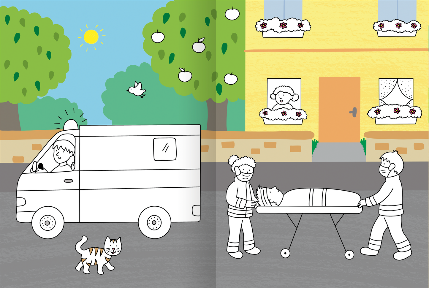 Gezeigt wird eine Innen- oder Zusatzansicht von „Mein großes buntes Malbuch – Im Einsatz“. Die Szene zeigt ein Einsatzfahrzeug, das neben einem Haus geparkt ist. Im Vordergrund stehen zwei Rettungskräfte, die eine Person auf einer Trage transportieren, während ein spielender Kater im Vordergrund zu sehen ist. Die Farben sind überwiegend hell und freundlich, mit grünem Baumbestand und einer sonnigen Himmelshintergrund. Die Typografie ist kindgerecht und leicht lesbar, was zur...