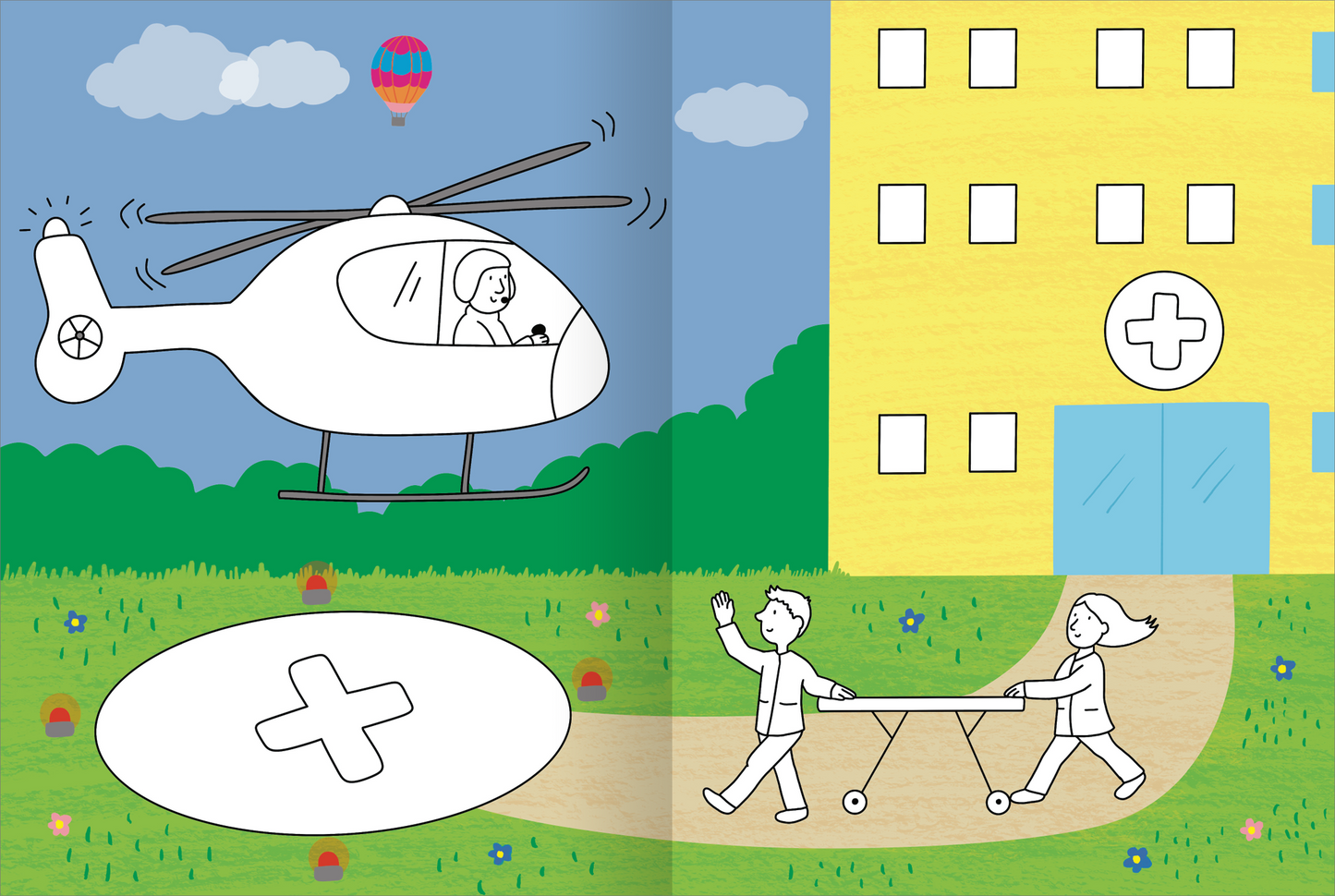 Gezeigt wird eine Innen- oder Zusatzansicht von „Mein großes buntes Malbuch – Im Einsatz“. Die Szene zeigt einen weißen Hubschrauber, der in einem hellblauen Himmel mit einigen weißen Wolken und einem bunten Heißluftballon fliegt. Auf der rechten Seite befindet sich ein gelbes Gebäude mit großen Fenstern, das ein medizinisches Zeichen zeigt. Im Vordergrund ziehen zwei Figuren eine Trage auf einem gepflasterten Weg, umgeben von einer grünen Wiese mit bunten Blumen. Die klare,...
