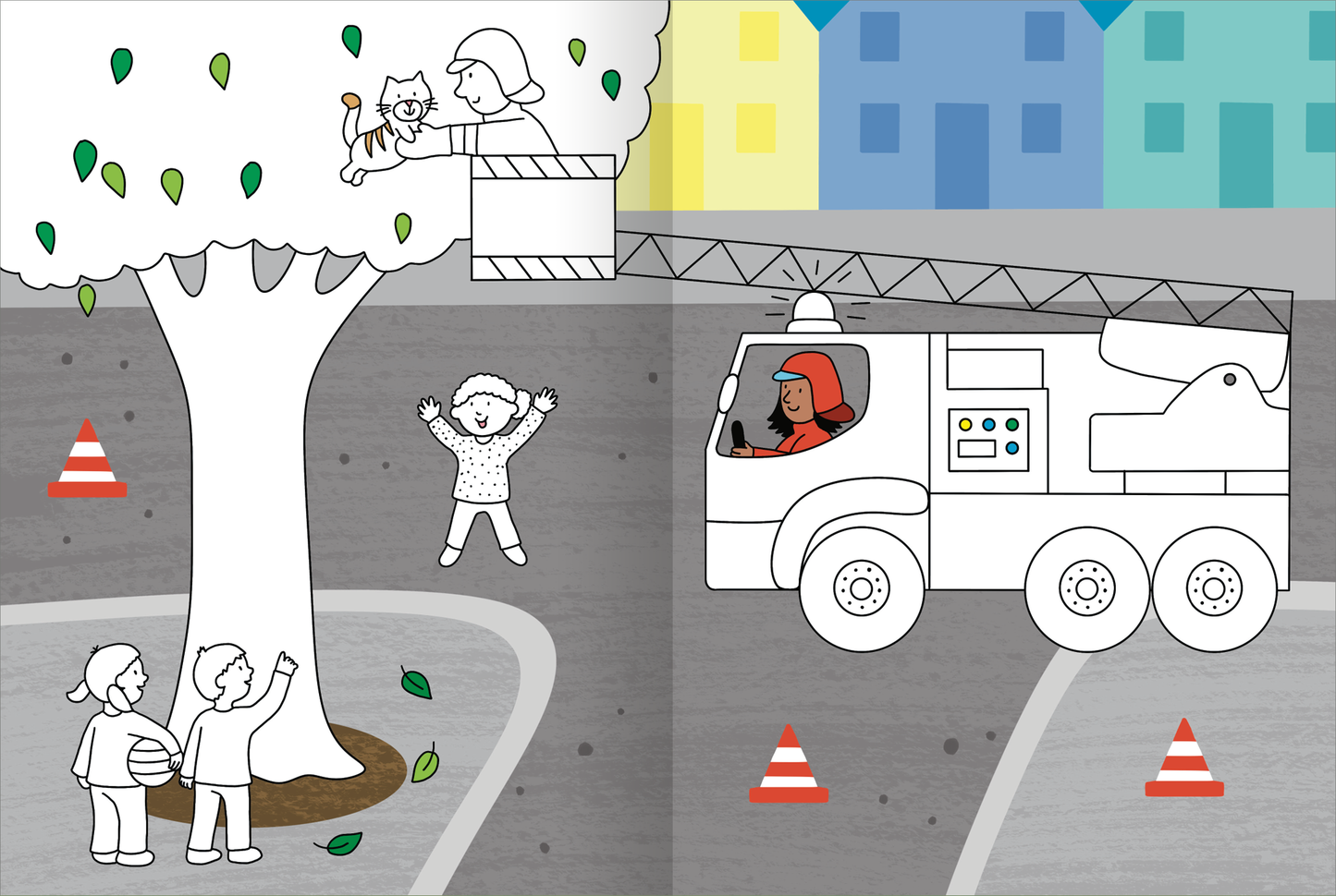 Gezeigt wird eine Innen- oder Zusatzansicht von „Mein großes buntes Malbuch – Im Einsatz“. Die Illustration zeigt eine lebendige Szene mit einem Baum, in dem ein Kind mit einer Katze spielt. Darunter stehen zwei Kinder mit Bällen, fröhlich winkend. Rechts ist ein Feuerwehrfahrzeug abgebildet, das von einer Frau gesteuert wird. Die Farbpalette ist freundlich und bunt, mit viel Grün für den Baum und lebhaften Farben für die Kleidung der Kinder.