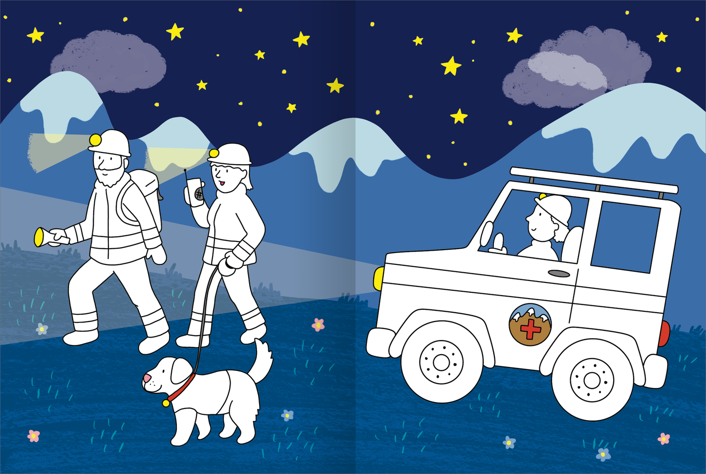 Gezeigt wird eine Innen- oder Zusatzansicht von „Mein großes buntes Malbuch – Im Einsatz“. Die Abbildung zeigt eine nächtliche Szene mit weiß-skizzenhaften Figuren, die bei einem Einsatz unterwegs sind. Zwei Retter mit Taschenlampen gehen auf einem Weg, während ein Rettungsfahrzeug daneben steht. Ein Hund begleitet die Gruppe. Der Hintergrund ist in sanften Blautönen gehalten, mit stilisierten Bergen und Wolken, unter einem leuchtenden Sternenhimmel.