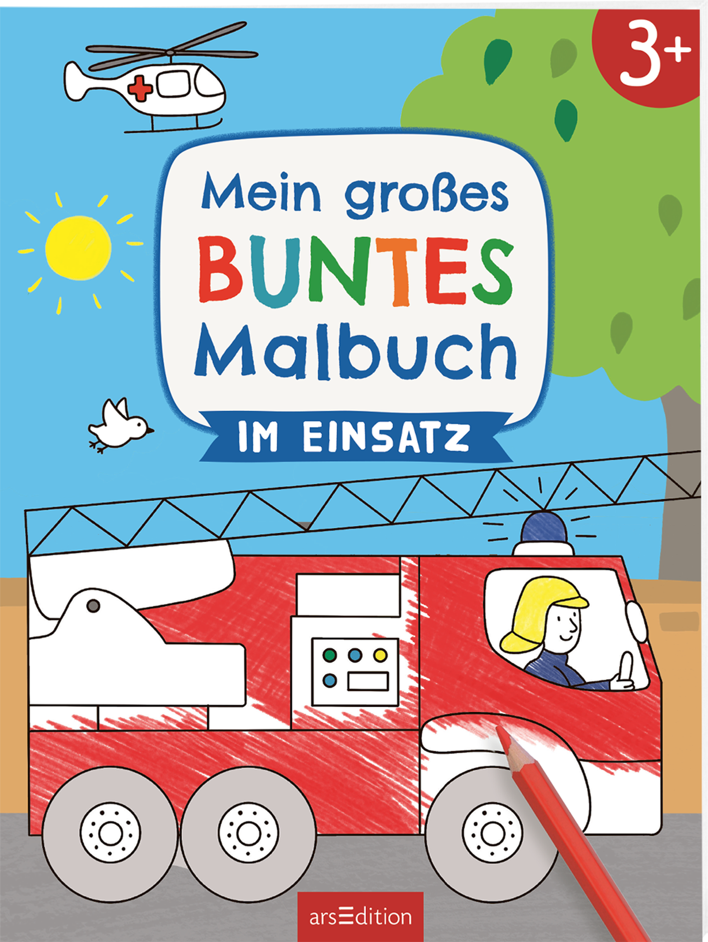 Bunt und einladend zeigt das Cover ein Feuerwehrfahrzeug in kräftigem Rot, das im Vordergrund platziert ist. Darüber ist der Titel „Mein großes BUNTES Malbuch“ in fröhlichen, verspielten Buchstaben in Blau, Rot und Grün angeordnet, mit dem Untertitel „im Einsatz“ in Blau. Oben links schwebt ein Hubschrauber, während ein Sonnenstrahl von rechts auf das Bild scheint. In der unteren Ecke ist die Zahl „3+“ in einem rot-weißen Kreis abgebildet. Ganz unten mittig steht der...