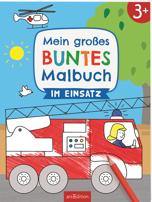 Bunt und einladend zeigt das Cover ein Feuerwehrfahrzeug in kräftigem Rot, das im Vordergrund platziert ist. Darüber ist der Titel „Mein großes BUNTES Malbuch“ in fröhlichen, verspielten Buchstaben in Blau, Rot und Grün angeordnet, mit dem Untertitel „im Einsatz“ in Blau. Oben links schwebt ein Hubschrauber, während ein Sonnenstrahl von rechts auf das Bild scheint. In der unteren Ecke ist die Zahl „3+“ in einem rot-weißen Kreis abgebildet. Ganz unten mittig steht der...