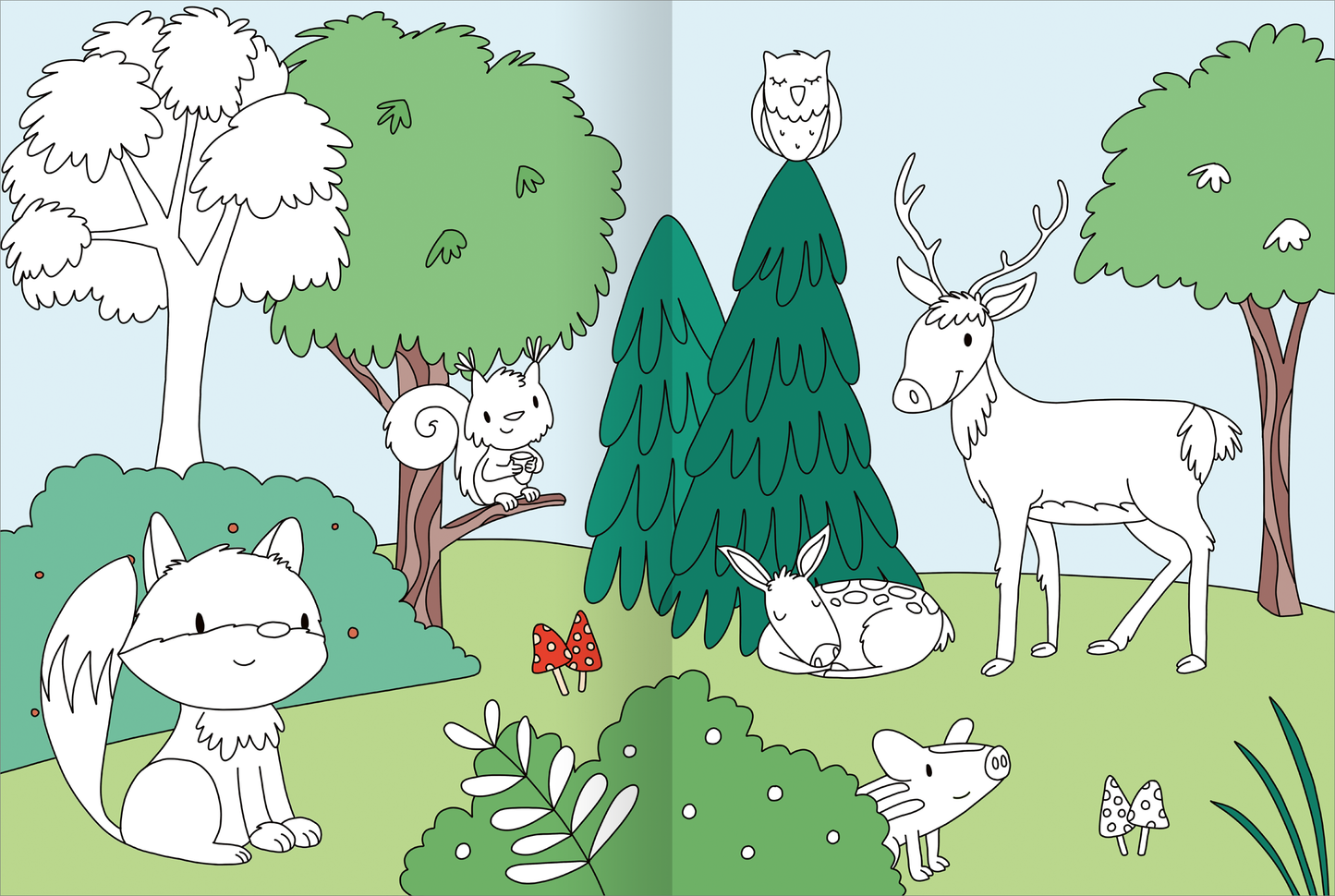 Gezeigt wird eine Innen- oder Zusatzansicht von „Mein großes buntes Malbuch – Tiere“. Die Illustration zeigt eine freundliche Waldszene mit verschiedenen Tieren, darunter ein Reh, ein Fuchs, ein Eichhörnchen und ein Wildschwein. Die Bäume sind in sanften Grüntönen dargestellt, während die Tiere in einem einfachen, konturierten Stil gezeichnet sind. Die Farbgebung ist überwiegend pastellig und einladend, was eine spielerische Atmosphäre schafft. Die Typografie ist klar und...