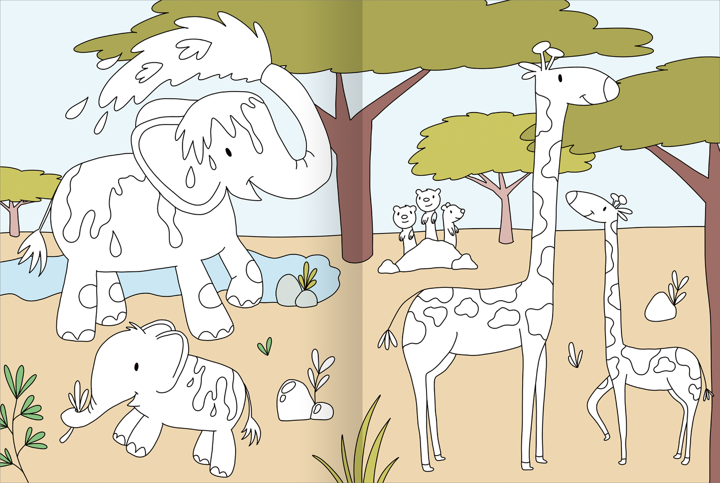 Gezeigt wird eine Innen- oder Zusatzansicht von „Mein großes buntes Malbuch – Tiere“. Die Illustration zeigt einen fröhlichen Elefanten, der Wasser mit seinem Rüssel spritzt, umgeben von sanften, grünen Baumkronen. Links steht ein kleiner Elefant, während rechts zwei Giraffen mit Musterungen aus weißen und grauen Flecken zu sehen sind. Im Hintergrund sitzen einige Löwen auf einem Stein. Die Farbpalette ist freundlich und einladend, überwiegend in sanften Pastelltönen gehalten.
