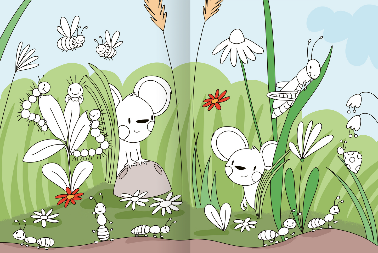 Gezeigt wird eine Innen- oder Zusatzansicht von „Mein großes buntes Malbuch – Tiere“. Die Illustration zeigt eine lebendige, fröhliche Szene mit zwei niedlichen Mäusen, die inmitten von bunten Blumen und Pflanzen stehen. Die Farbpalette umfasst sanfte Grüntöne, lebhafte Blumen in Rot und Weiß sowie hellblaue Himmelstöne. Die Typografie in der Nähe der Mäuse ist verspielt und kindgerecht gestaltet, um die Neugier der kleinen Malenden zu wecken.