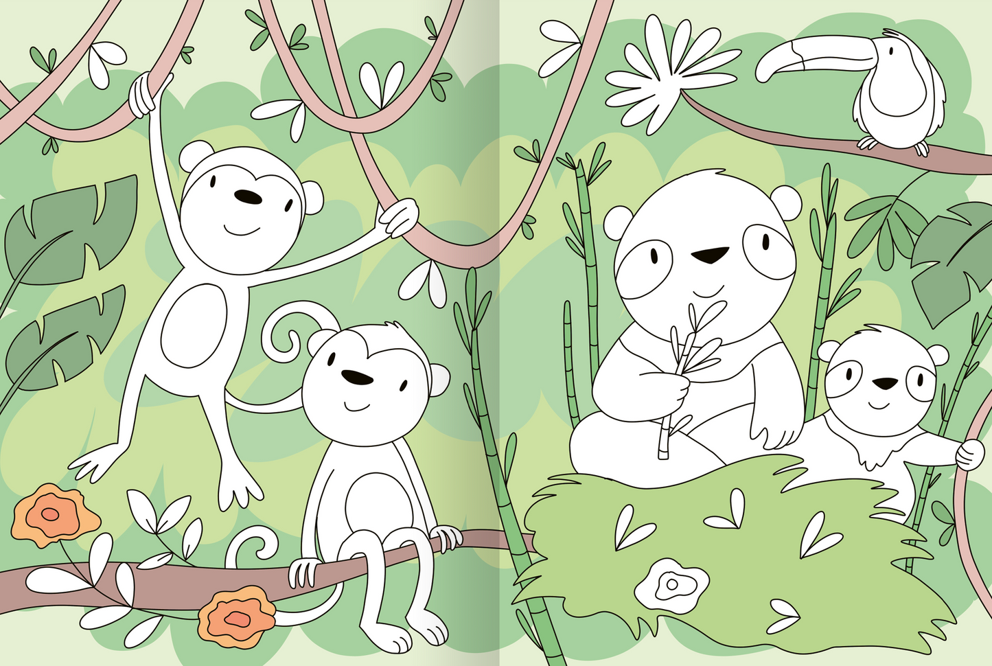 Gezeigt wird eine Innen- oder Zusatzansicht von „Mein großes buntes Malbuch – Tiere“. Die Illustration zeigt zwei fröhliche Affen, die an einem Ast hängen, umgeben von grünen Blättern und bunten Blumen. Auf der rechten Seite sitzt ein Panda, der einen Zweig hält, neben ihm ein weiterer Affe. Der Hintergrund ist in sanften Grüntönen gehalten, wobei die Figuren in klaren schwarzen Linien und minimalistischer, cartoonartiger Stilistik dargestellt sind.