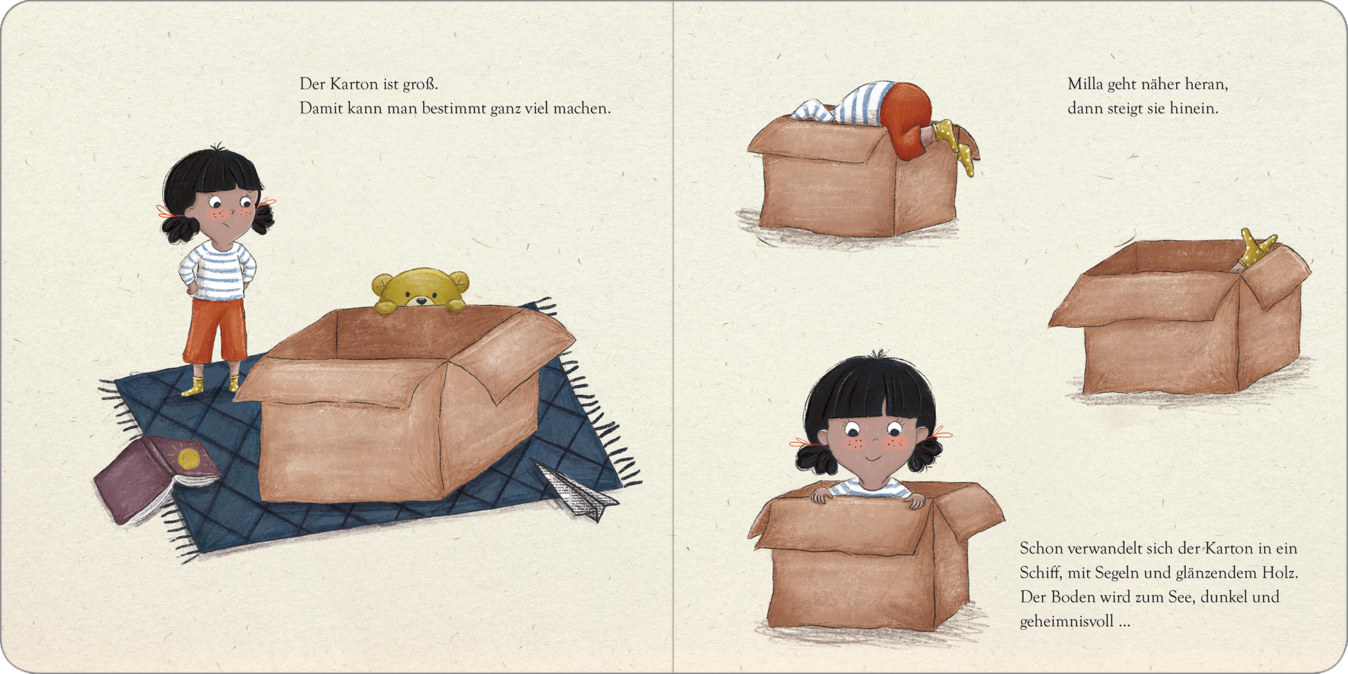 Gezeigt wird eine Innen- oder Zusatzansicht von „Der Wunderkarton“. Die Illustration zeigt ein großes, offenes Karton, aus dem zwei Kinder und ein Teddy hervorschauen. Die Farbpalette umfasst warme Brauntöne für den Karton, lebendige Rottöne für die Haare eines Kindes und sanfte Blau- und Grüntöne des Untergrunds. Die Typografie ist kindgerecht und verspielt, die Schrift ist schlicht, gut lesbar und vermittelt eine fröhliche Atmosphäre.