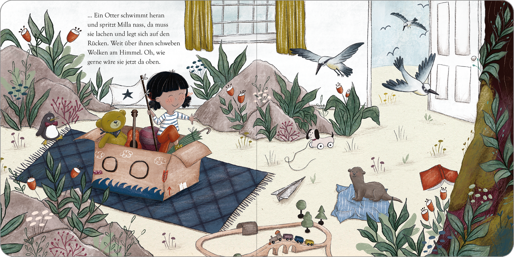 Gezeigt wird eine Innen- oder Zusatzansicht von „Der Wunderkarton“. Die Illustration zeigt ein Kind mit einem Plüschtier in einem Raum, umgeben von Pflanzen und bunten Blumen. Auf einem Teppich sitzt das Kind und hält ein Buch. Die Wände sind hell, und große Fenster mit gelben Vorhängen lassen Licht herein. In der unteren Ecke sind verschiedene Spielsachen und eine offene Tür sichtbar. Vögel fliegen draußen, was eine fröhliche, lebendige Atmosphäre schafft.