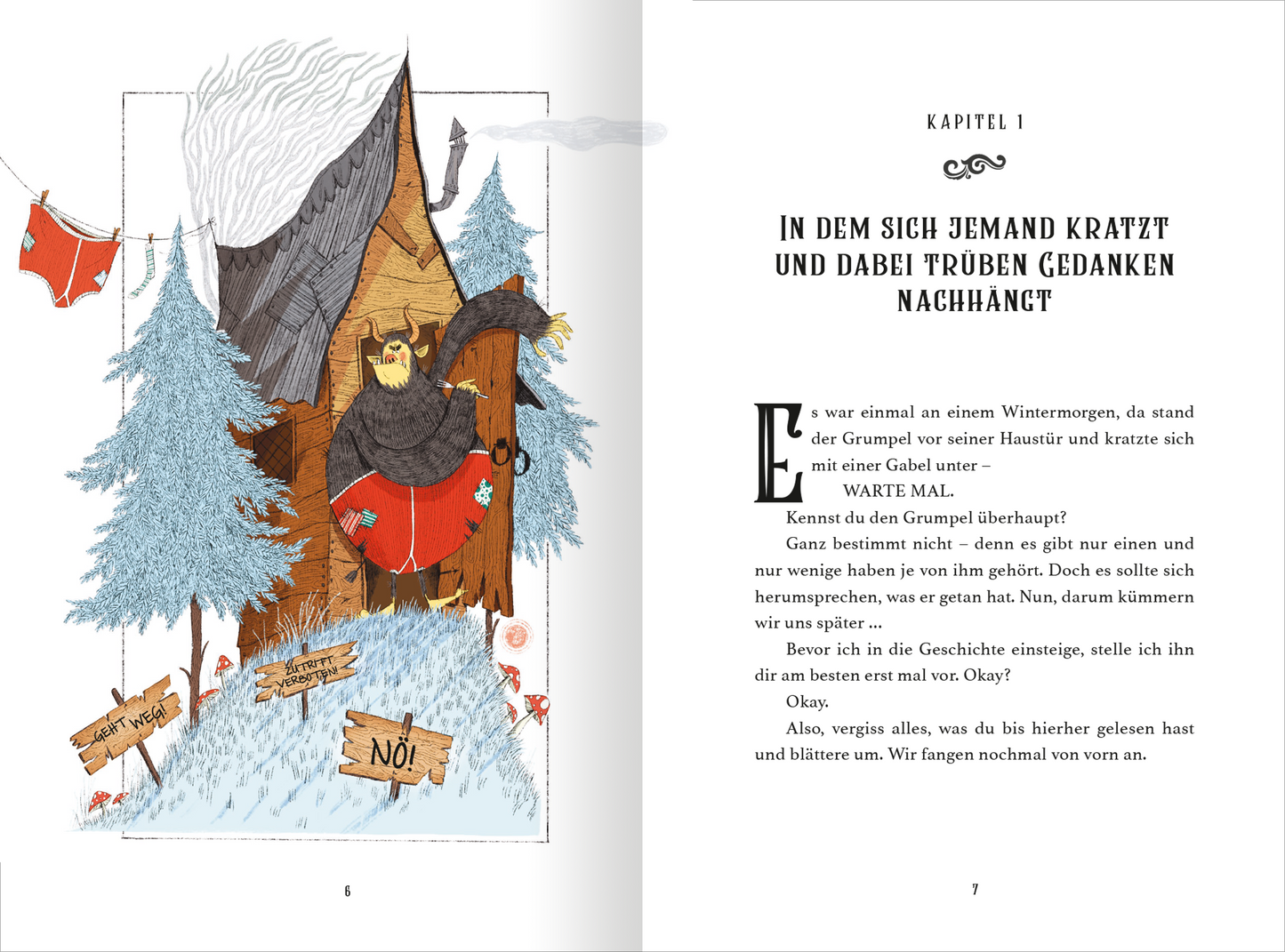Gezeigt wird eine Innen- oder Zusatzansicht von „Grumpel und der furchtbar fiese Weihnachtsplan“. Die Illustration zeigt Grumpel, einen grimmig dreinblickenden, bärtigen Mann, vor einer rustikalen Holzhütte mit einem schiefen Dach. Lebendige Farben wie blau und rot dominieren die Szene, während Tannenbäume im Hintergrund hervortreten. Die Kapiteltitel sind in einer verschnörkelten, gut lesbaren Schrift gestaltet, die den unbeschwerten, märchenhaften Charakter der Geschichte...
