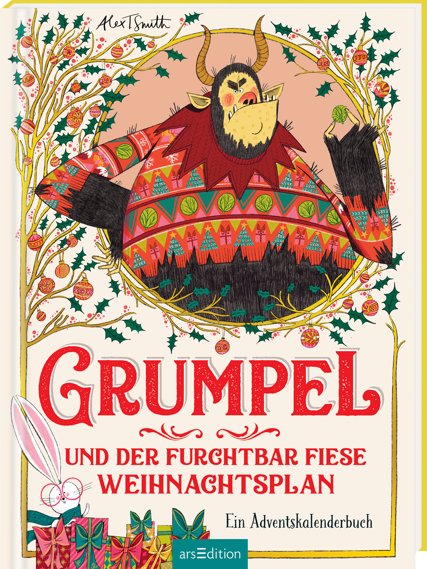 Auf dem Buchcover ist ein schelmisch schauender, Charakter mit Hörnern namens Grumpel abgebildet, umgeben von festlicher Weihnachtsdekoration wie Tannenzweigen, Sternen und Ornamenten. Sein bunt gemusterter, rot-grüner Pullover trägt zur fröhlichen Atmosphäre bei. Der Titel „Grumpel und der furchtbar fiese Weihnachtsplan“ ist in verspielter Schrift platziert. Ganz unten mittig steht der Logoschriftzug von arsEdition.