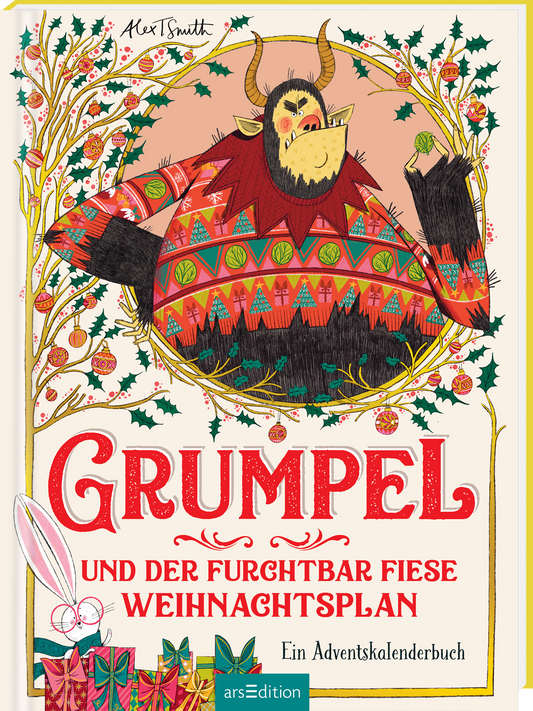Auf dem Buchcover ist ein schelmisch schauender, Charakter mit Hörnern namens Grumpel abgebildet, umgeben von festlicher Weihnachtsdekoration wie Tannenzweigen, Sternen und Ornamenten. Sein bunt gemusterter, rot-grüner Pullover trägt zur fröhlichen Atmosphäre bei. Der Titel „Grumpel und der furchtbar fiese Weihnachtsplan“ ist in verspielter Schrift platziert. Ganz unten mittig steht der Logoschriftzug von arsEdition.