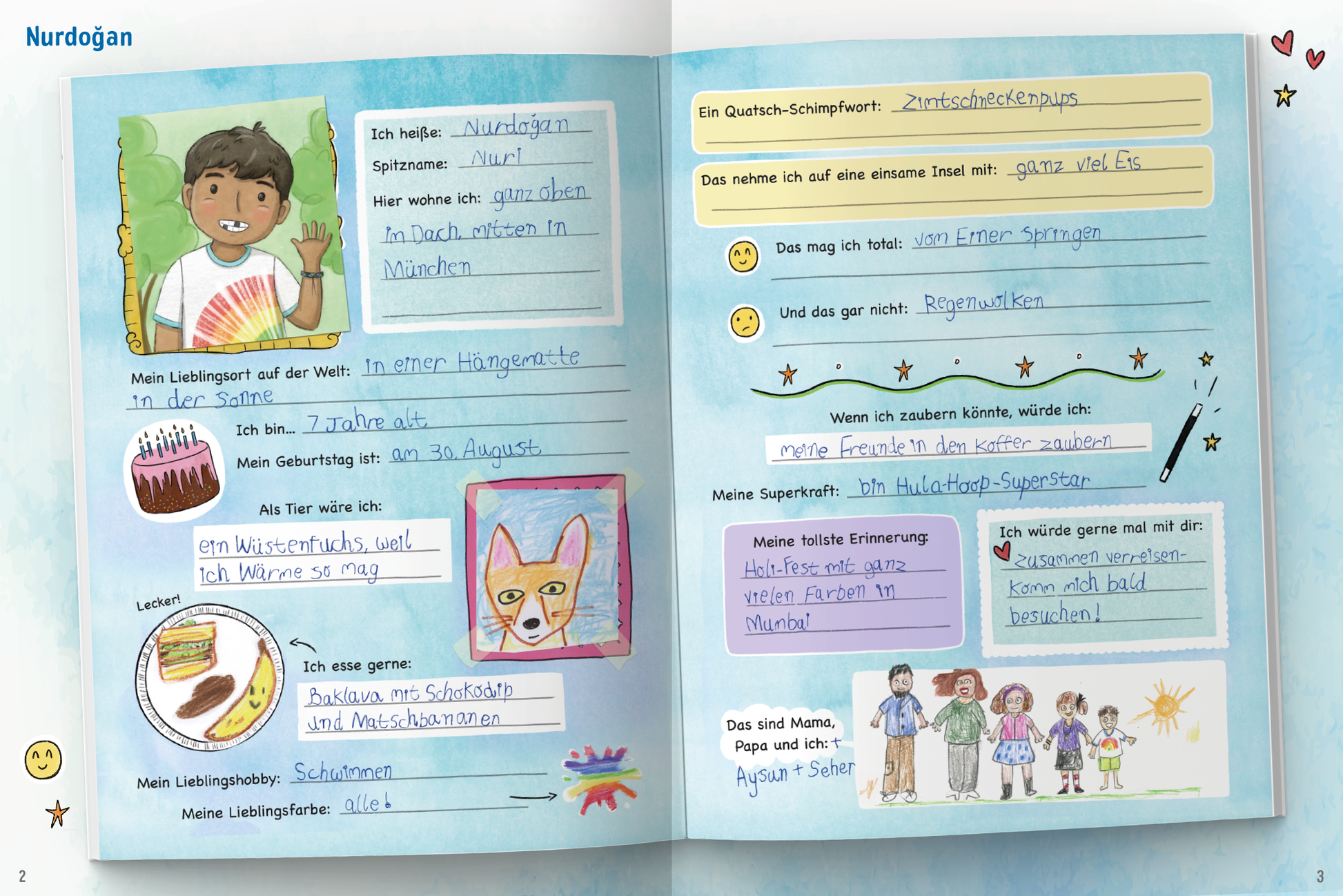 Gezeigt wird eine Innen- oder Zusatzansicht von „So leben wir – und wie lebst du?“. Die Doppelseite zeigt eine kindliche Gestaltung mit sanften, blauen Wasserfarbenhintergründen. Auf der linken Seite ist ein handgezeichneter Junge mit einem Geburtstagskuchen abgebildet, umgeben von bunten Elementen wie Sternen und Herzen. Die Typografie ist verspielt und farbenfroh, mit verschiedenen Schriftarten für persönliche Angaben. Auf der rechten Seite sind leere Felder für die Einträge des...