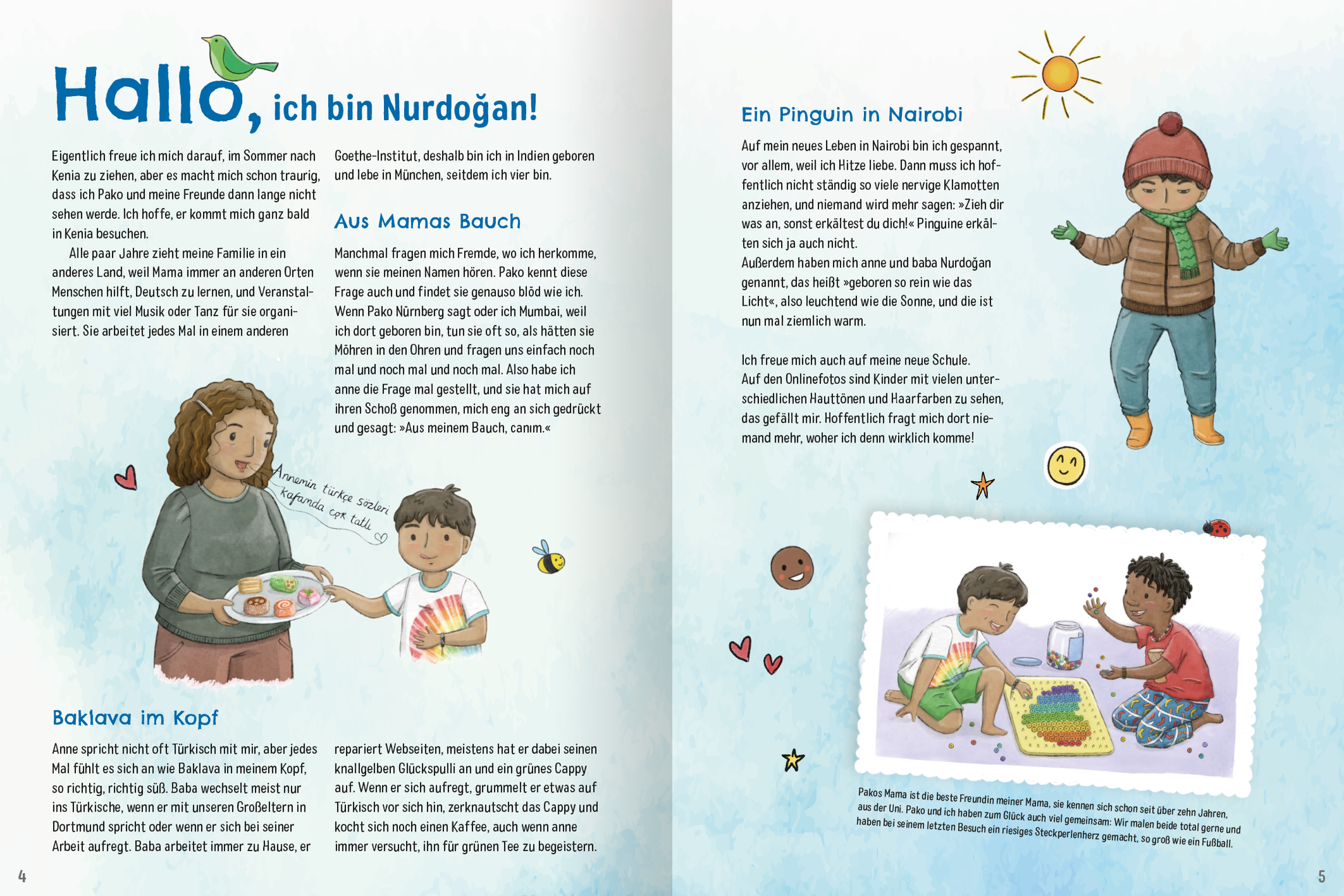 Gezeigt wird eine Innen- oder Zusatzansicht von „So leben wir – und wie lebst du?“. Die Seiten sind in sanften Wasserfarben mit hellblauen und weißen Hintergründen gestaltet. Die Titel sind in einer verspielten, handschriftlichen Typografie gehalten, während der Fließtext klar und gut lesbar ist. Illustrationen zeigen diverse Kinder und eine Frau, die ein Tablett mit Essen hält. Wetter- und Emoticons umrahmen die Texte und verleihen den Seiten eine freundliche Atmosphäre.