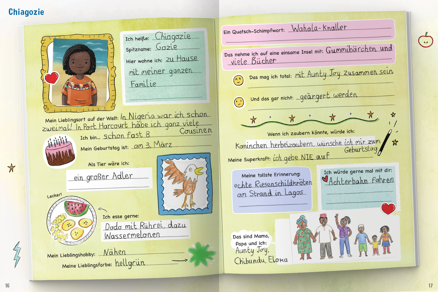 Gezeigt wird eine Innen- oder Zusatzansicht von „So leben wir – und wie lebst du?“. Die Doppelseite ist in sanften Pastellfarben gehalten, mit einer Mischung aus Handzeichnungen und farbigen Schriftfeldern. Auf der linken Seite befindet sich ein Porträt eines Kindes mit Zopf und herzförmigen Details. Daneben sind persönliche Angaben, wie Lieblingstier und Geburtsdatum, in einer verspielten Schriftart. Die rechte Seite beinhaltet Gedankenblasen mit abwechslungsreichen Hintergründen,...