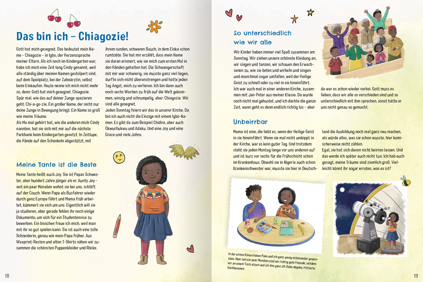 Gezeigt wird eine Innen- oder Zusatzansicht von „So leben wir – und wie lebst du?“. Die Doppelseite präsentiert farbenfrohe Illustrationen von Kindern aus verschiedenen Kulturen, die in lebendigen Outfits abgebildet sind. Der Hintergrund ist sanft pastellfarben, während die Texte in klarer, gut lesbarer Schrift mit betont großen Überschriften gestaltet sind. Zentrale Themen wie Freundschaft und kulturelle Vielfalt werden in persönlichen Erzählungen thematisiert, die in einer warmen,...