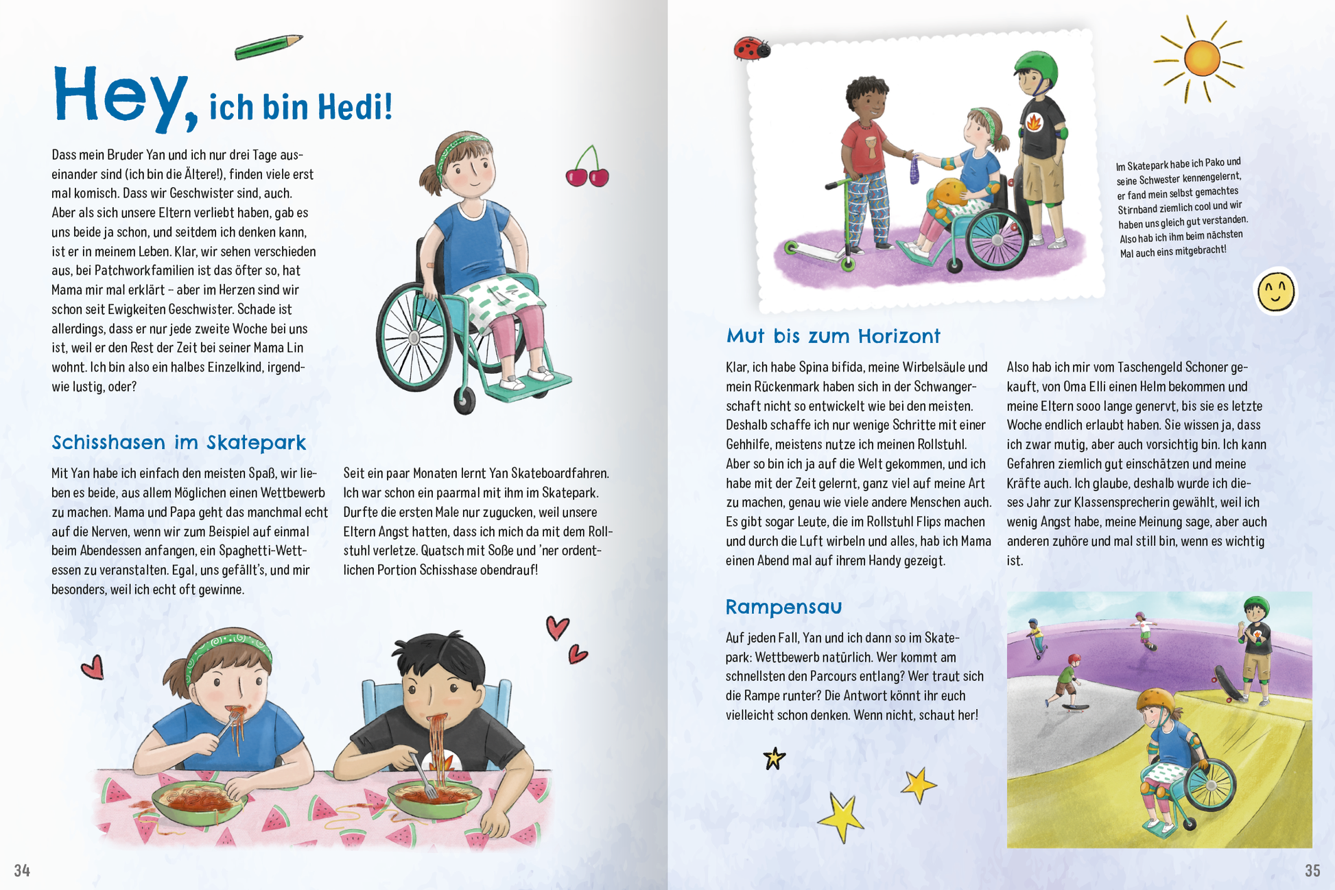Gezeigt wird eine Innen- oder Zusatzansicht von „So leben wir – und wie lebst du?“. Die Seite präsentiert eine lebhafte, farbenfrohe Illustration, die verschiedene Kinder in Alltagsszenen zeigt. Auf der linken Seite sieht man Mädchen und Jungen, die in einem Skatepark aktiv sind, sowie einen Jungen im Rollstuhl. Die Typografie ist klar und modern, mit Überschriften in einer kräftigen Schrift. Die sanften, pastellfarbenen Hintergründe und spielerischen Elemente wie Sterne und ein...