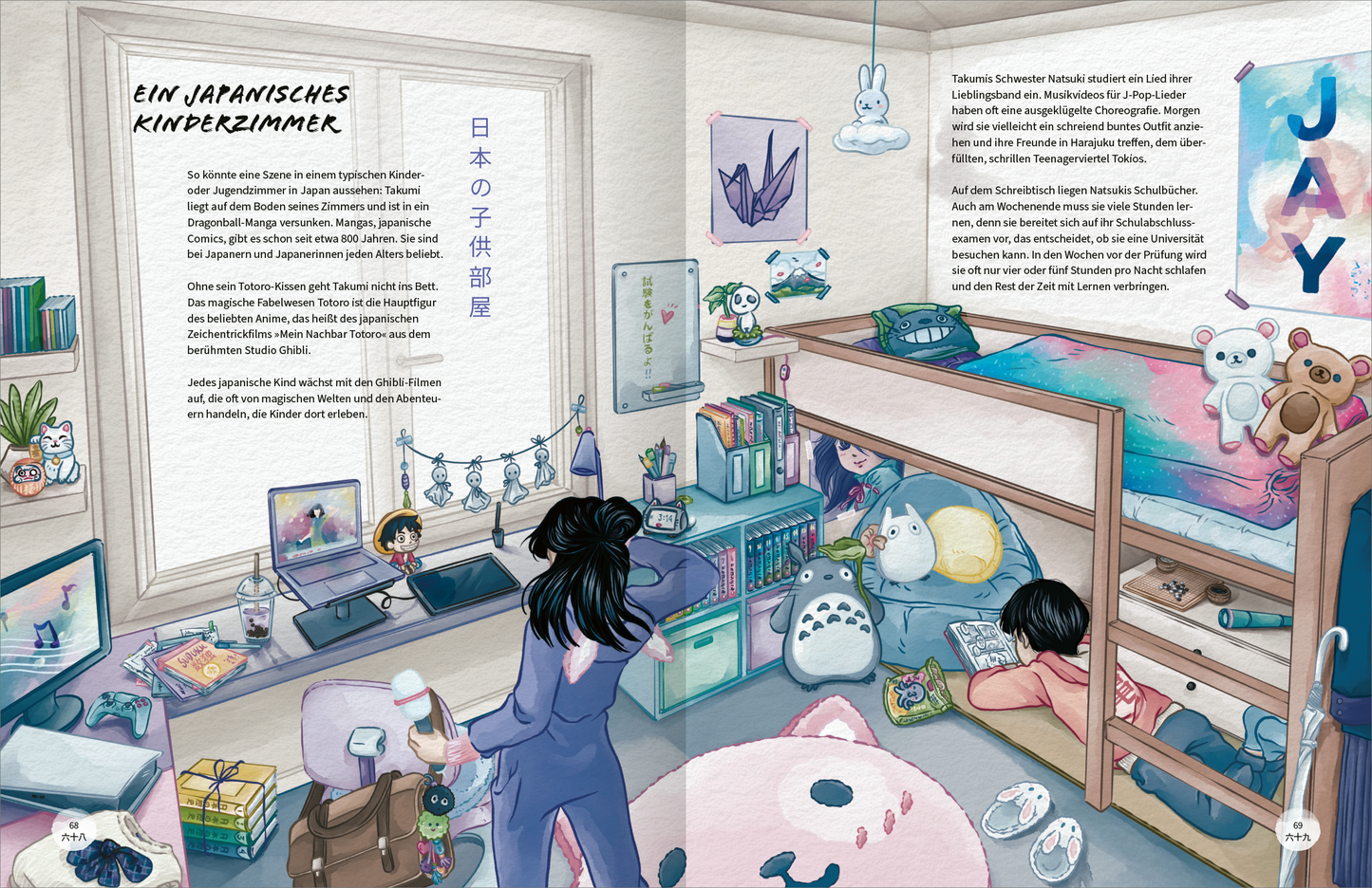 Gezeigt wird eine Innenansicht von „Japan“. Die Illustration präsentiert ein kindliches Zimmer mit einem oberen Hochbett und einem bunten Teppich. An der Wand sind zarte Pastelltöne in Rosa, Blau und Lila zu sehen. Auf einem Schreibtisch stehen ein Laptop sowie Bücher. Verschiedene kuschelige Tiere und Dekorationen fügen eine verspielte Note hinzu. Die klare, freundliche Typografie der Überschrift „Ein japanisches Kinderzimmer“ kontrastiert harmonisch mit den sanften Farbtönen der...