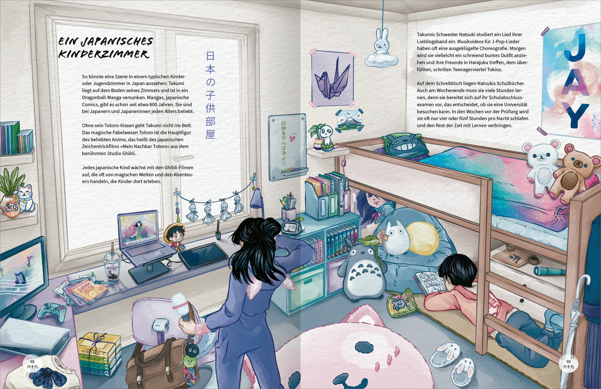 Gezeigt wird eine Innenansicht von „Japan“. Die Illustration präsentiert ein kindliches Zimmer mit einem oberen Hochbett und einem bunten Teppich. An der Wand sind zarte Pastelltöne in Rosa, Blau und Lila zu sehen. Auf einem Schreibtisch stehen ein Laptop sowie Bücher. Verschiedene kuschelige Tiere und Dekorationen fügen eine verspielte Note hinzu. Die klare, freundliche Typografie der Überschrift „Ein japanisches Kinderzimmer“ kontrastiert harmonisch mit den sanften Farbtönen der...