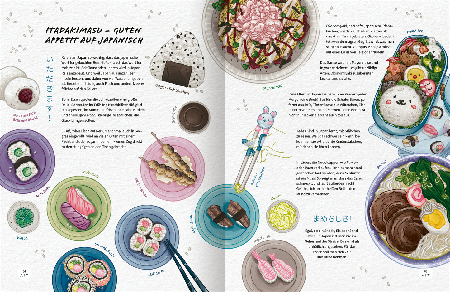 Gezeigt wird eine Innen- oder Zusatzansicht von „Japan“. Die Seite ist farbenfroh gestaltet und zeigt verschiedene traditionelle japanische Gerichte auf runden Tellern in sanften Pastellfarben. Jede Speise ist detailliert illustriert, darunter Sushi, Onigiri und süße Snacks. Die Typografie ist klar und verschnörkelt, mit deutschen und japanischen Schriftzeichen, die den Text umrahmen. Kombinationen aus blauen, grünen und rosa Akzenten verleihen der Darstellung eine einladende und...