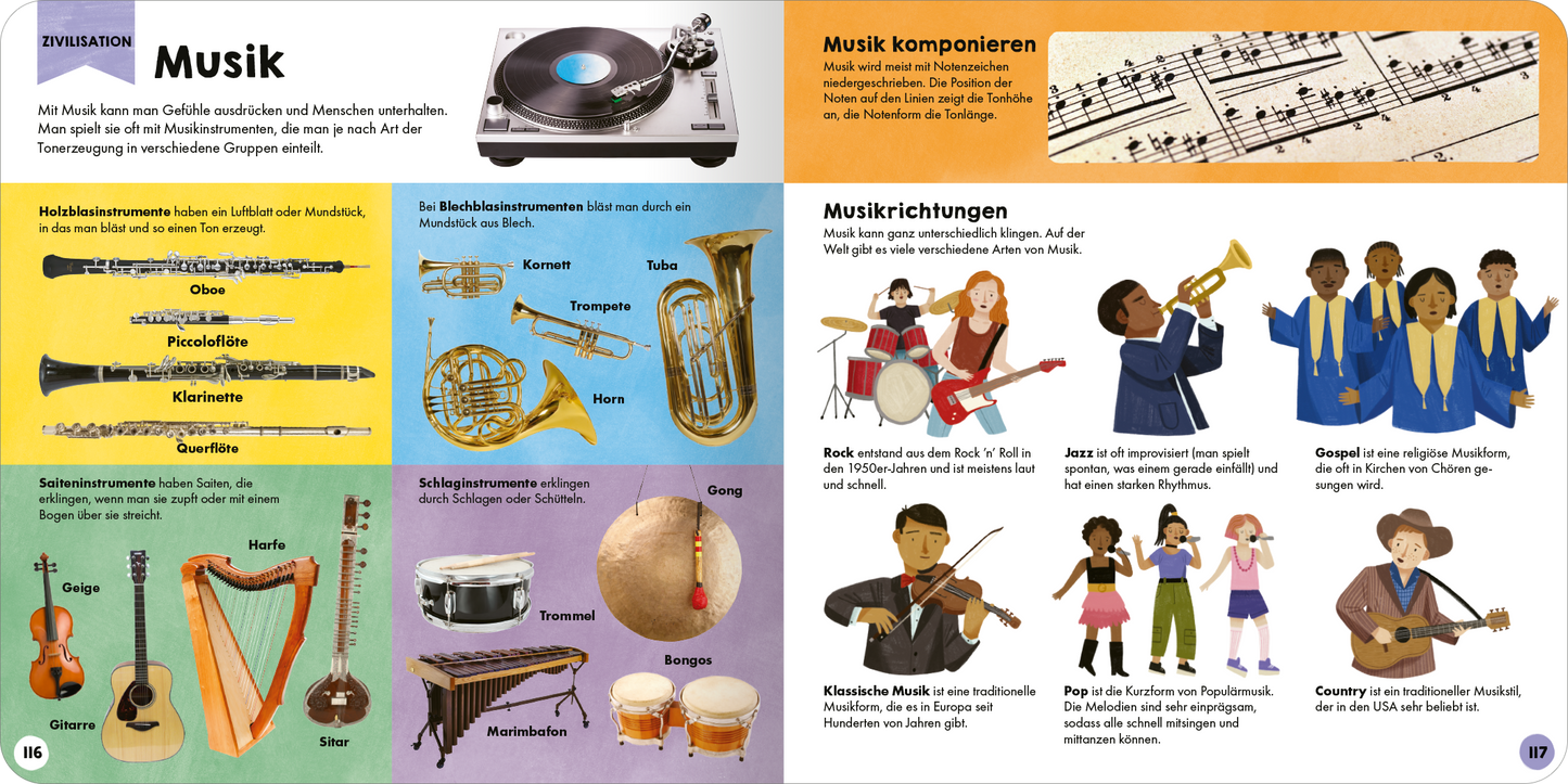 Gezeigt wird eine Innen- oder Zusatzansicht von „Mein erstes Grundschul-Lexikon“. Die Doppelseite präsentiert das Thema „Musik“ mit einem hellen, freundlichen Layout. Links ist eine Plattenspieler-Illustration auf einem gelben Hintergrund zu sehen, daneben verschiedene Musikinstrumente auf farbigen Flächen in Blau, Grün und Gelb. Rechts wird „Musik komponieren“ thematisiert, ergänzt durch Notenlinien und Illustrationen von Kindern, die musizieren. Die typografische Gestaltung...