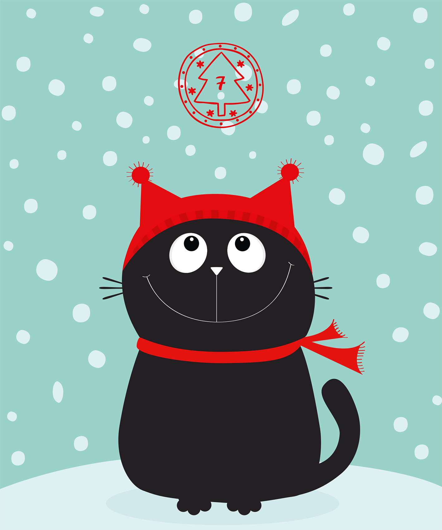 Gezeigt wird eine Innen- oder Zusatzansicht von „Mein Kritzkratz-Adventskalender“. Die Abbildung zeigt eine fröhliche schwarze Katze mit großen, runden Augen und einem breiten Lächeln. Sie trägt eine rote Mütze und einen Schal in derselben Farbe. Der Hintergrund ist in einem sanften Hellblau gehalten und mit weißen Schneeflocken dekoriert. Über der Katze schwebt ein rundes, festliches Element mit einem Weihnachtsbaum-Icon.