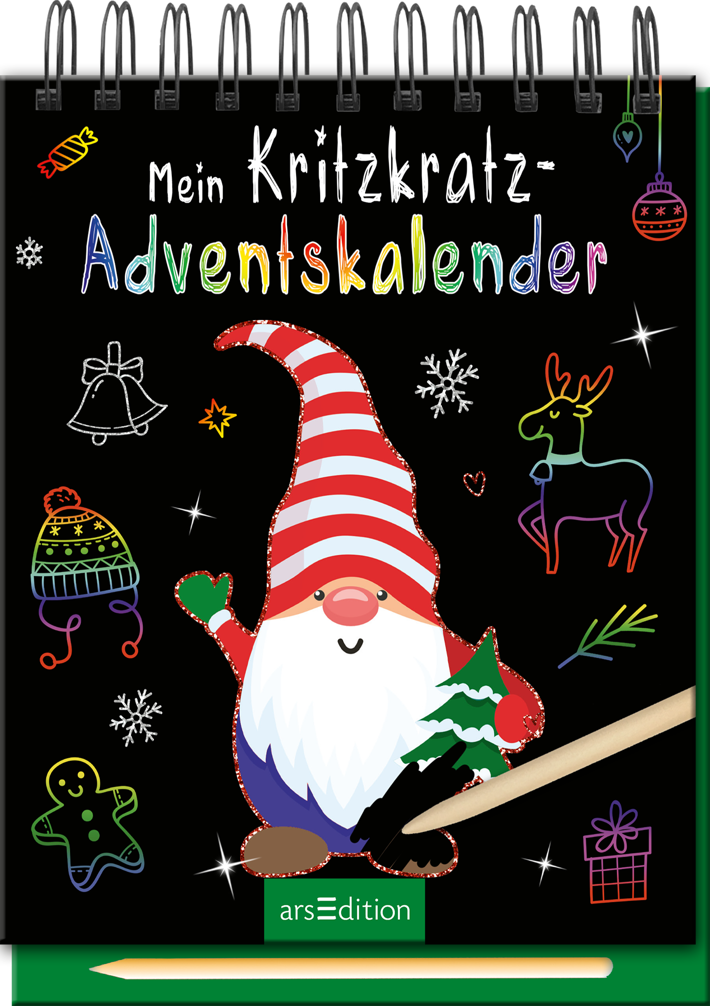 Das Buchcover zeigt einen fröhlichen Weihnachtsmann mit roten und weißen Streifen auf seiner Mütze. Der Hintergrund ist schwarz und mit bunten, handgezeichneten Motiven wie Weihnachtsglocken, Sternen und einem Rentier verziert. Der Titel „Mein Kritzkatz-Adventskalender“ ist in leuchtenden, farbigen Buchstaben oben platziert. Ganz unten mittig steht der Logoschriftzug von arsEdition.