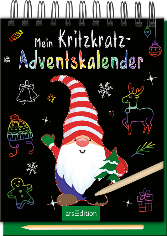 Das Buchcover zeigt einen fröhlichen Weihnachtsmann mit roten und weißen Streifen auf seiner Mütze. Der Hintergrund ist schwarz und mit bunten, handgezeichneten Motiven wie Weihnachtsglocken, Sternen und einem Rentier verziert. Der Titel „Mein Kritzkatz-Adventskalender“ ist in leuchtenden, farbigen Buchstaben oben platziert. Ganz unten mittig steht der Logoschriftzug von arsEdition.
