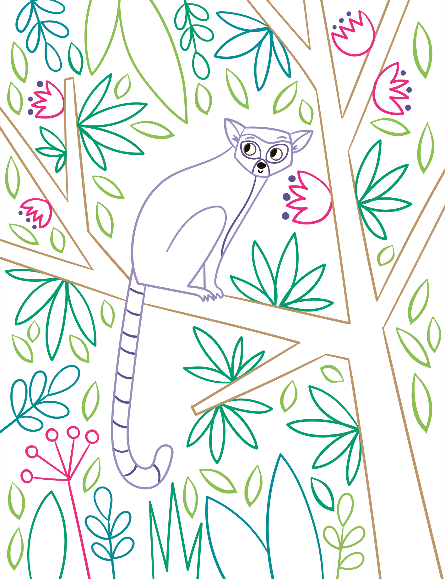 Gezeigt wird eine Innen- oder Zusatzansicht von „Zauberbilder – Dschungel“. Die Illustration zeigt einen süßen Lemuren, der auf einem Baum sitzt. Um ihn herum erstrecken sich farbenfrohe Blätter in verschiedenen Grüntönen, ergänzt durch zarte, rosa Blumen. Der Lemur ist in sanften Lilatönen gehalten, mit Markierungen in Schwarz und einer lebhaften, leicht geschwungenen Kontur. Die gesamte Komposition vermittelt eine fröhliche, lebendige Dschungelatmosphäre. Nur die Konturen der...